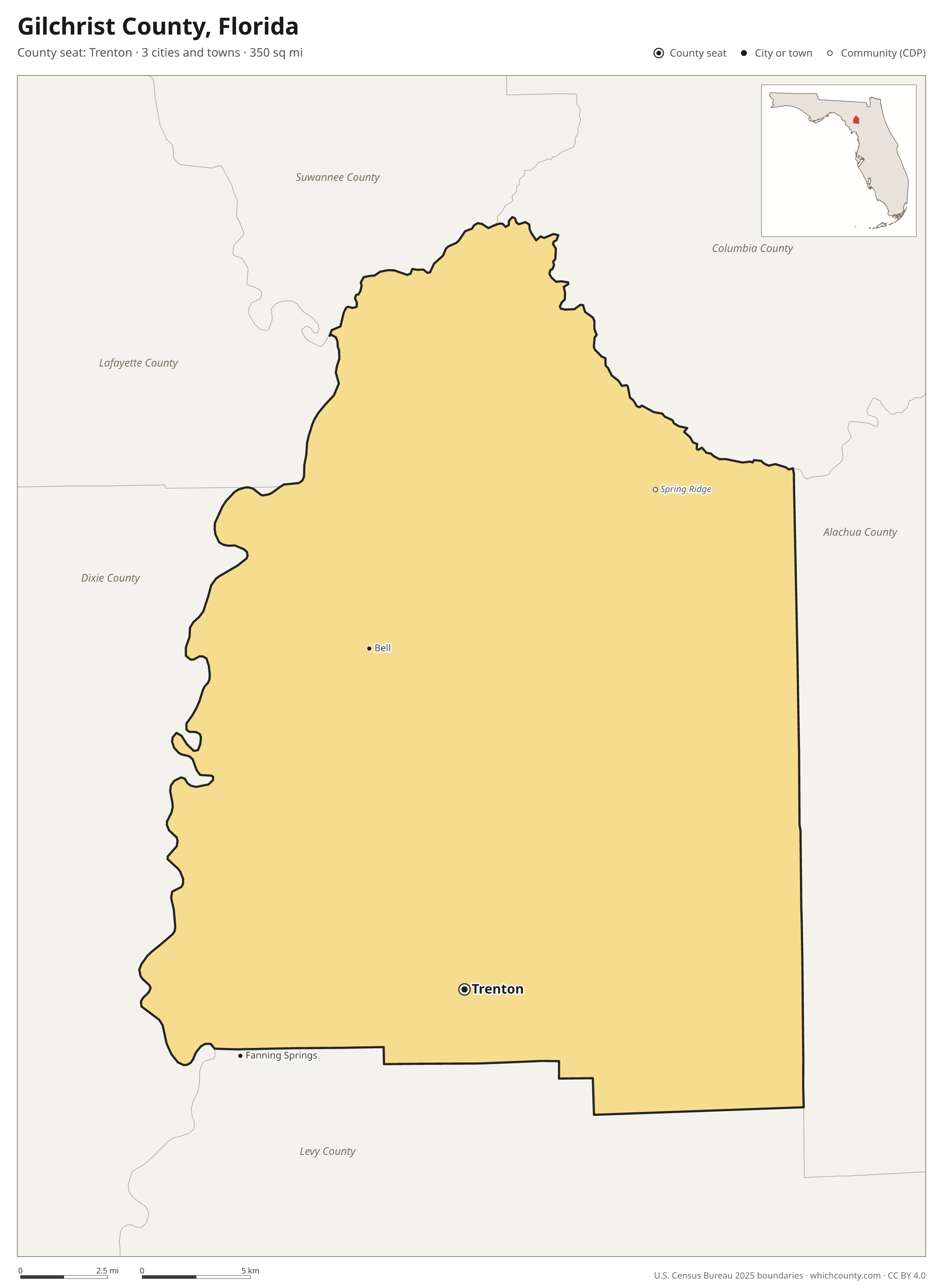 Map of Gilchrist County, Florida with cities, towns and the county boundary