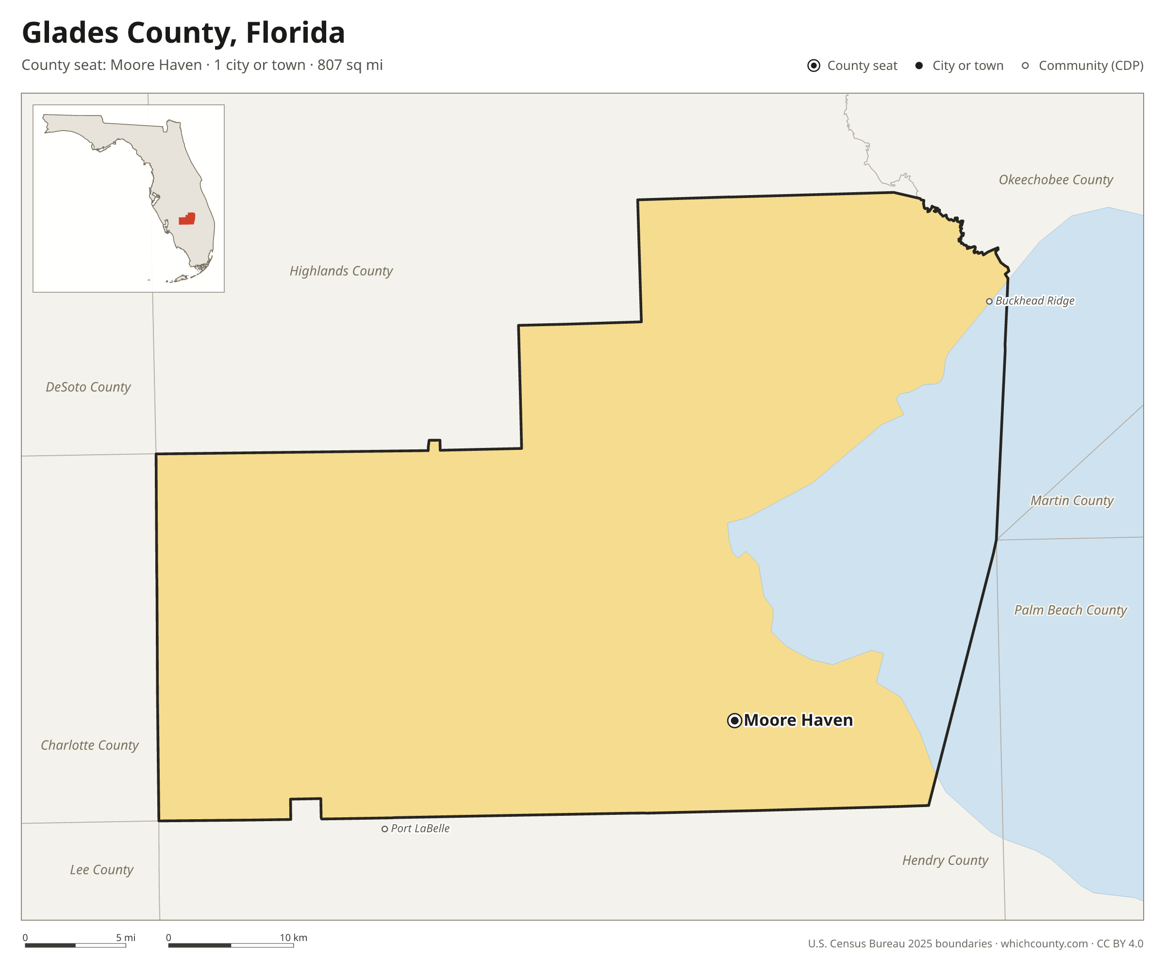 Map of Glades County, Florida with cities, towns and the county boundary