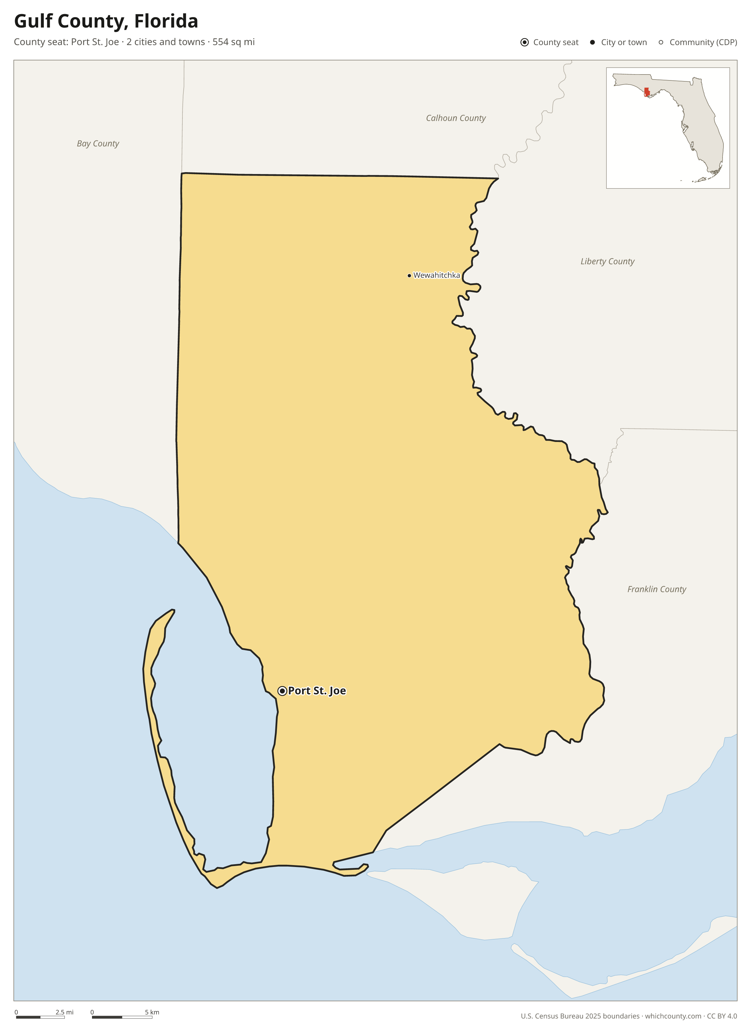 Map of Gulf County, Florida with cities, towns and the county boundary