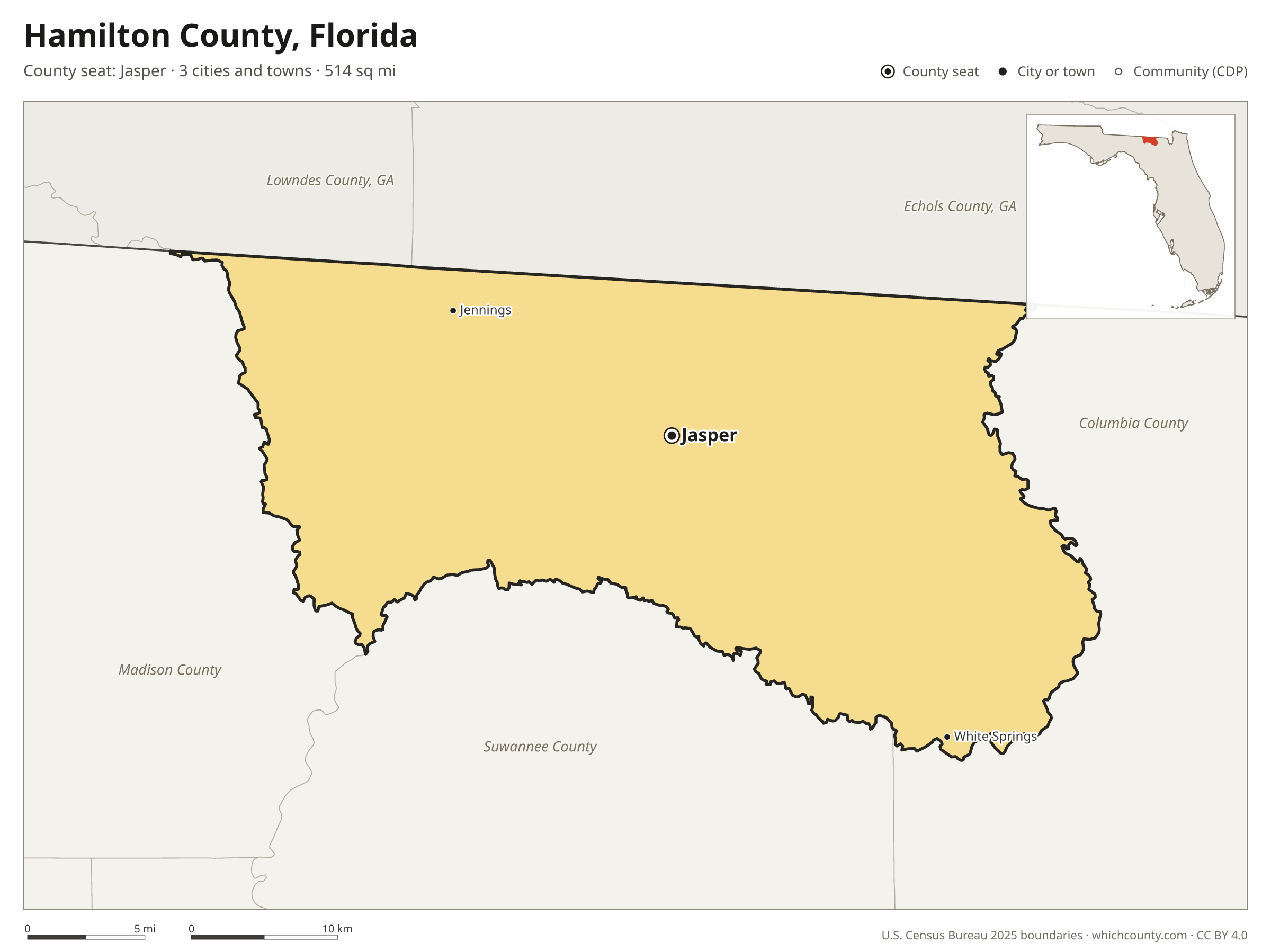 Map of Hamilton County, Florida with cities, towns and the county boundary