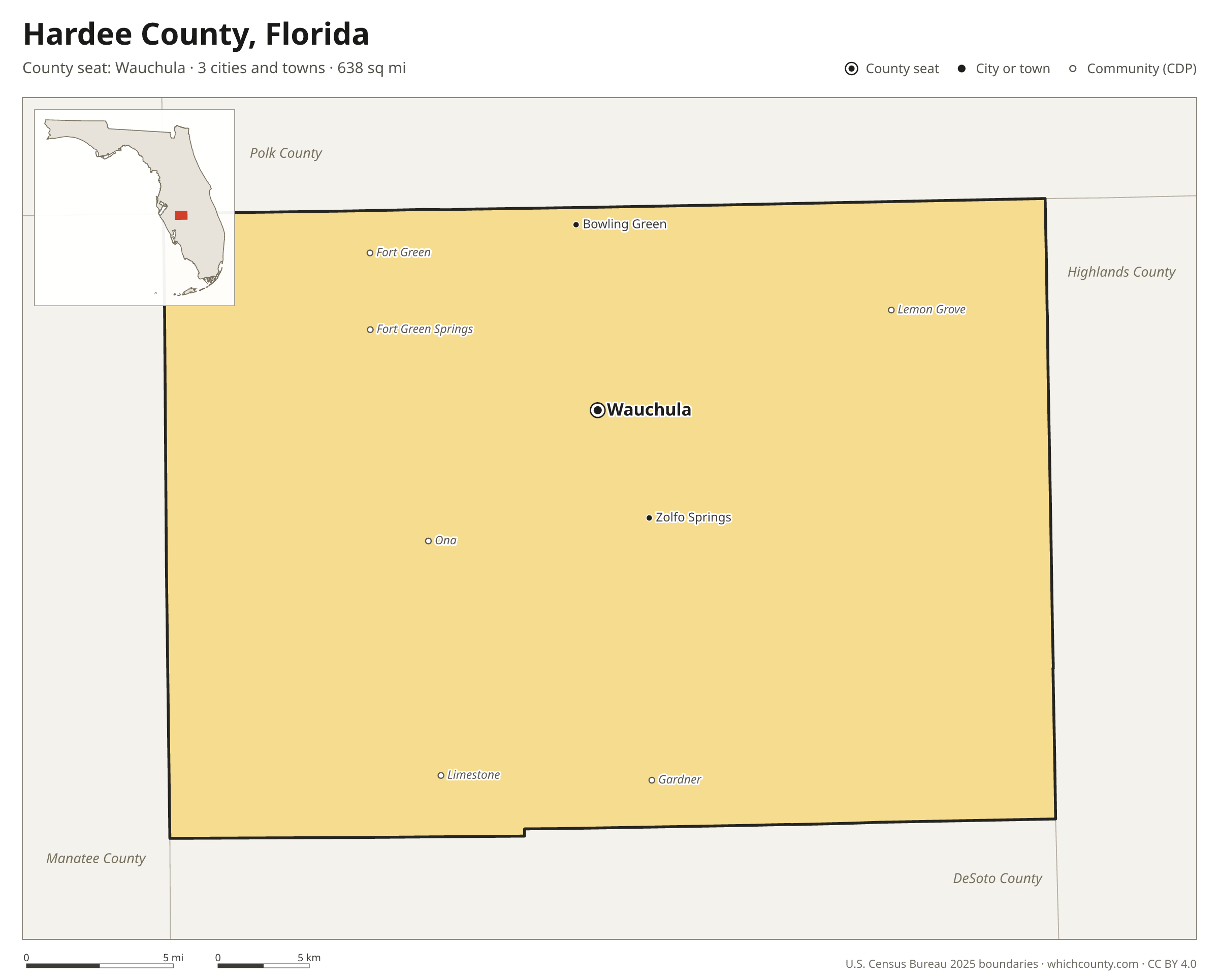 Map of Hardee County, Florida with cities, towns and the county boundary