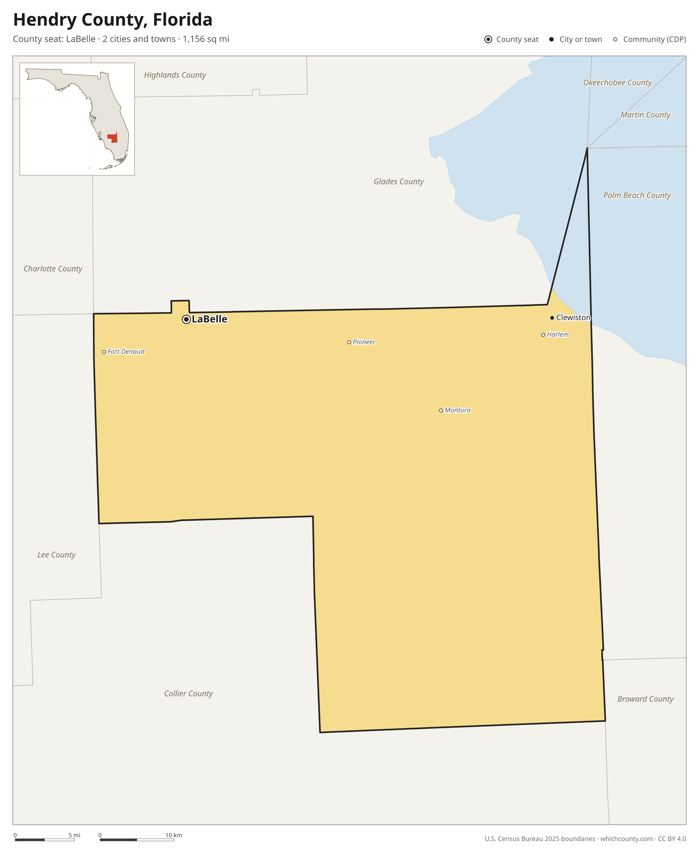 Map of Hendry County, Florida with cities, towns and the county boundary