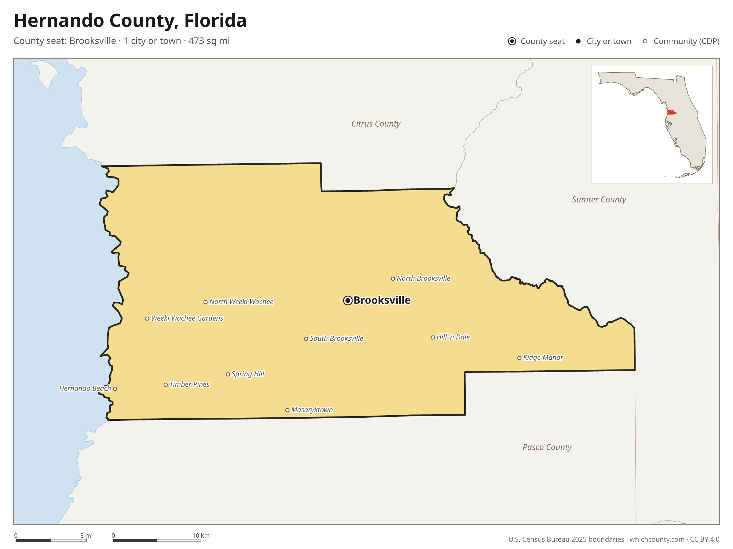 Map of Hernando County, Florida with cities, towns and the county boundary