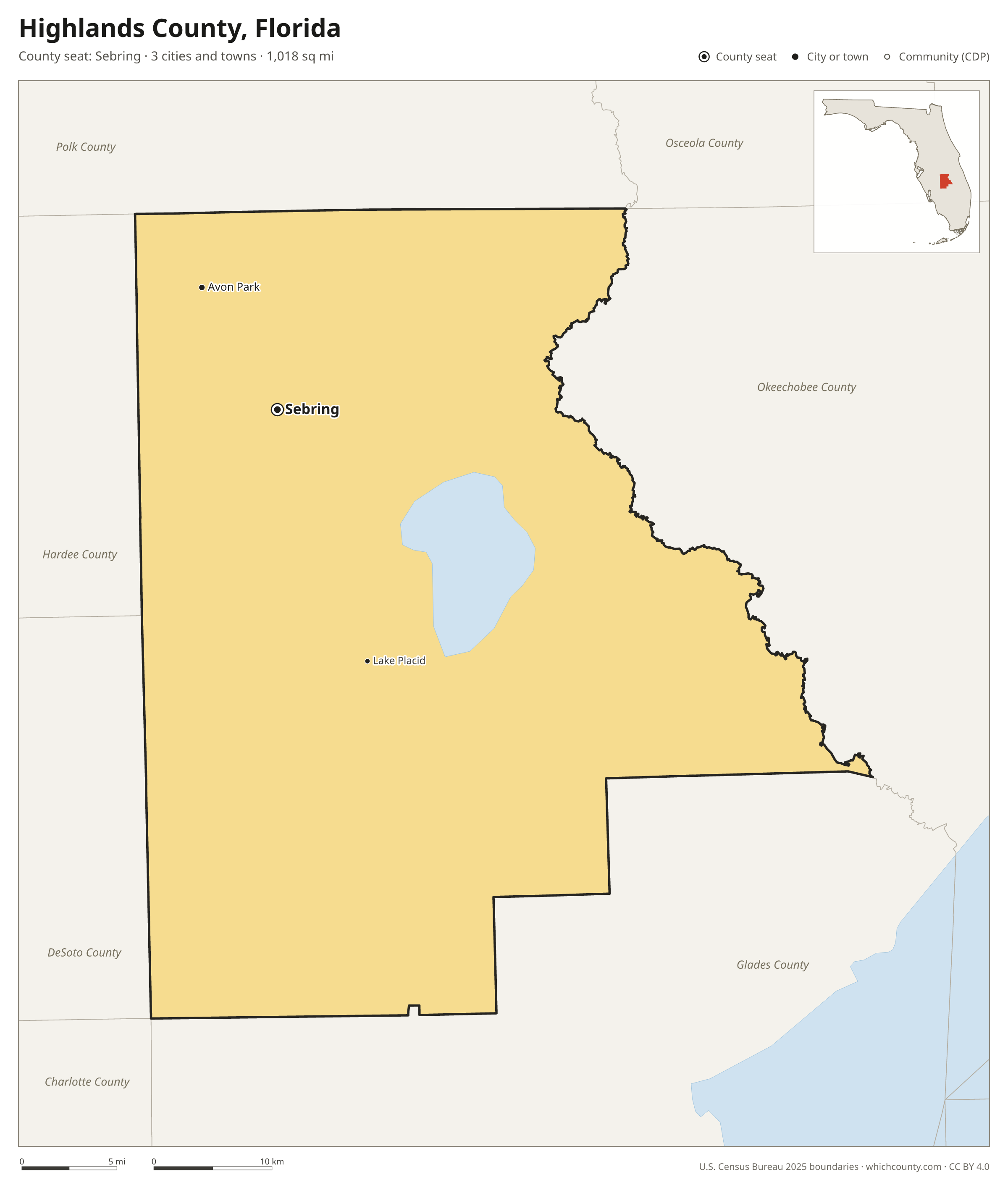Map of Highlands County, Florida with cities, towns and the county boundary