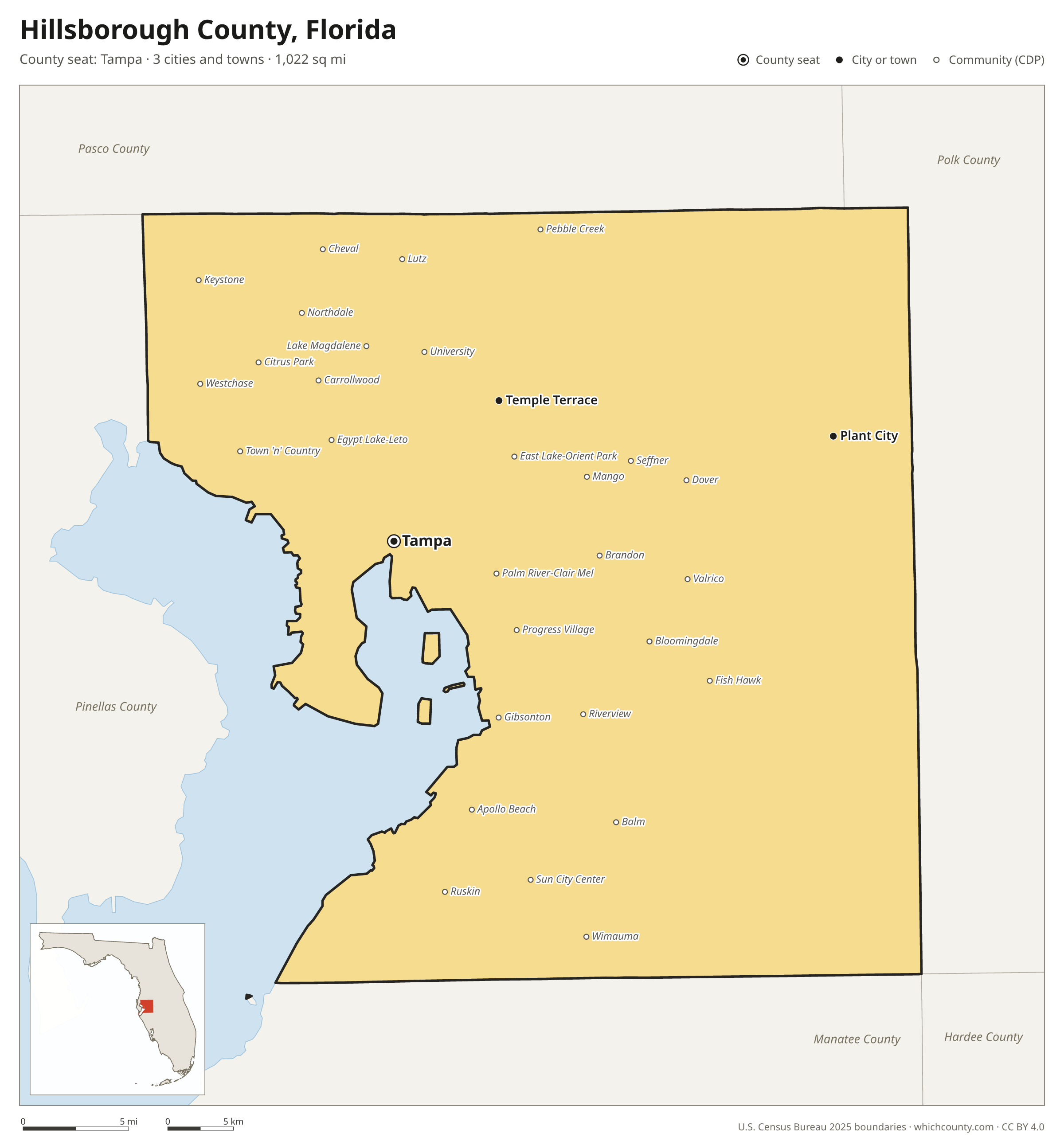 Map of Hillsborough County, Florida with cities, towns and the county boundary