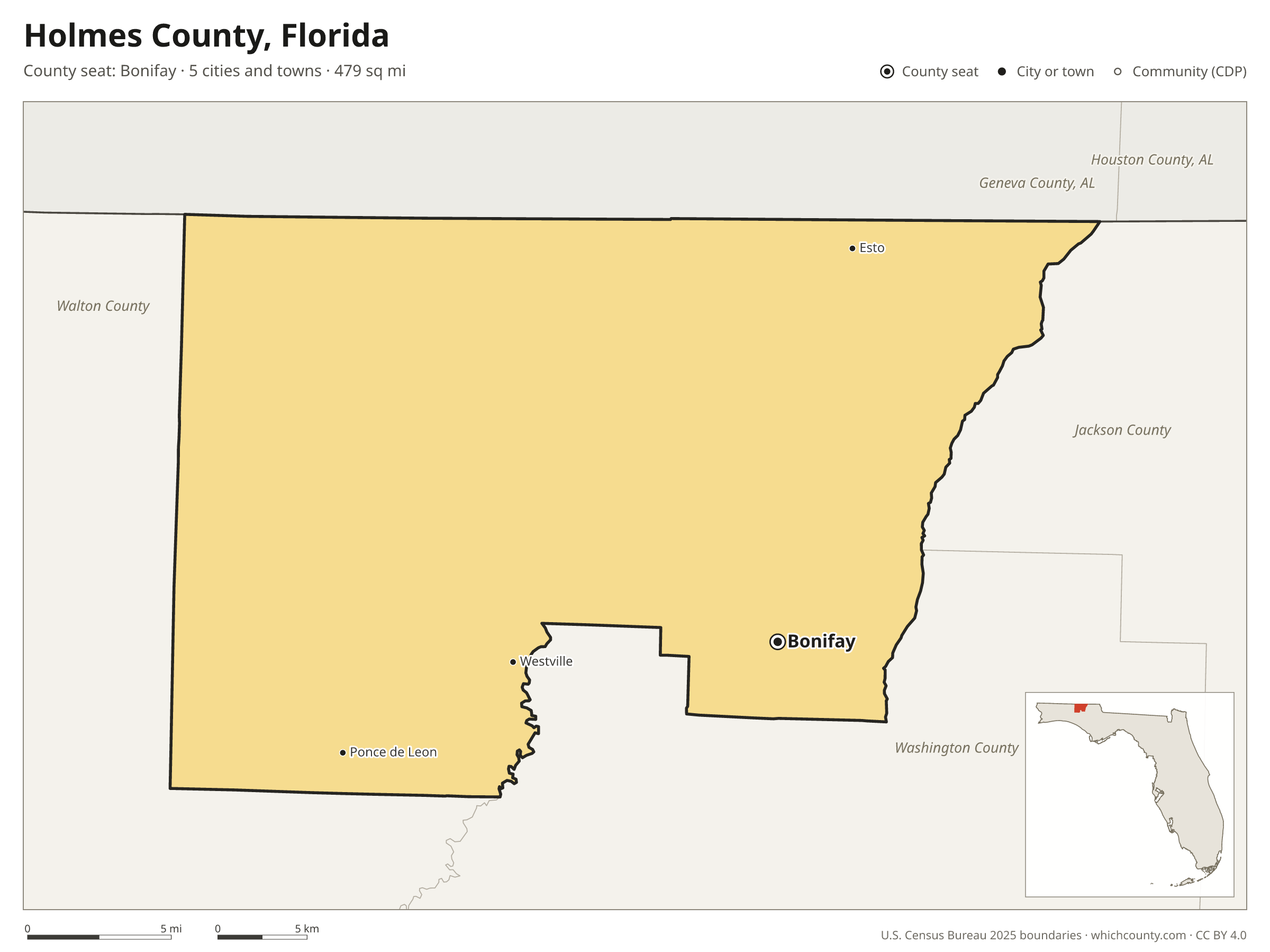 Map of Holmes County, Florida with cities, towns and the county boundary