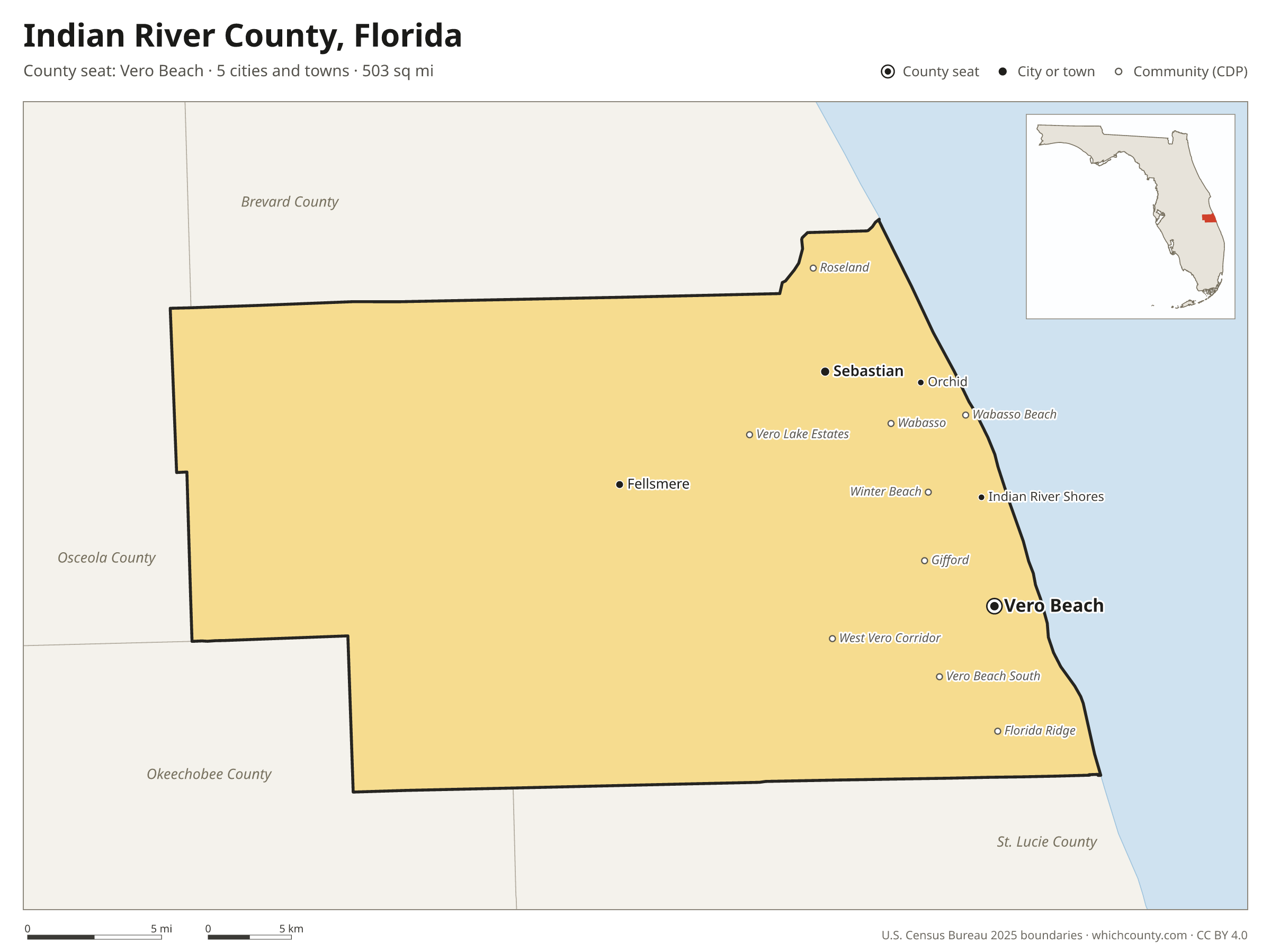 Map of Indian River County, Florida with cities, towns and the county boundary
