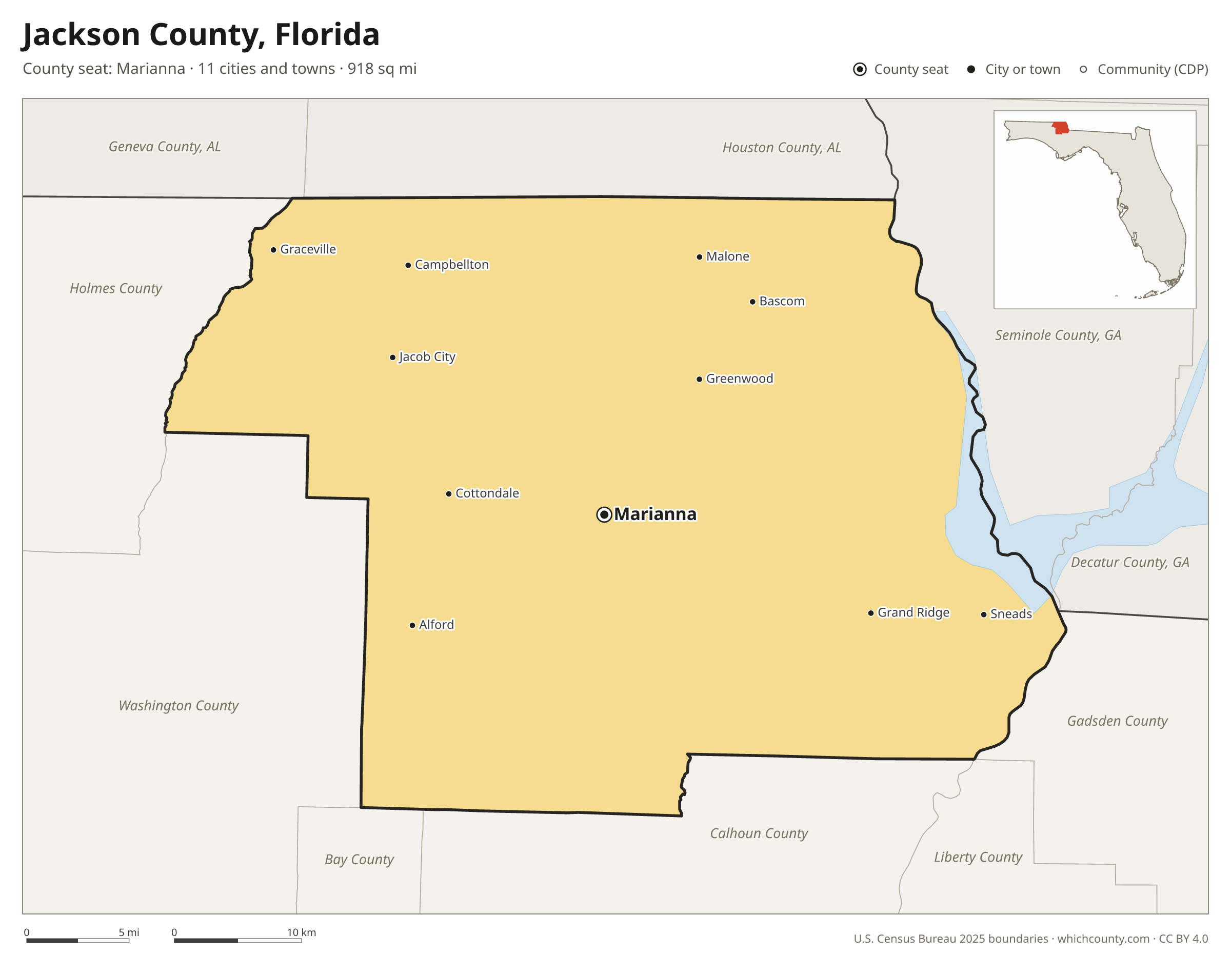 Map of Jackson County, Florida with cities, towns and the county boundary