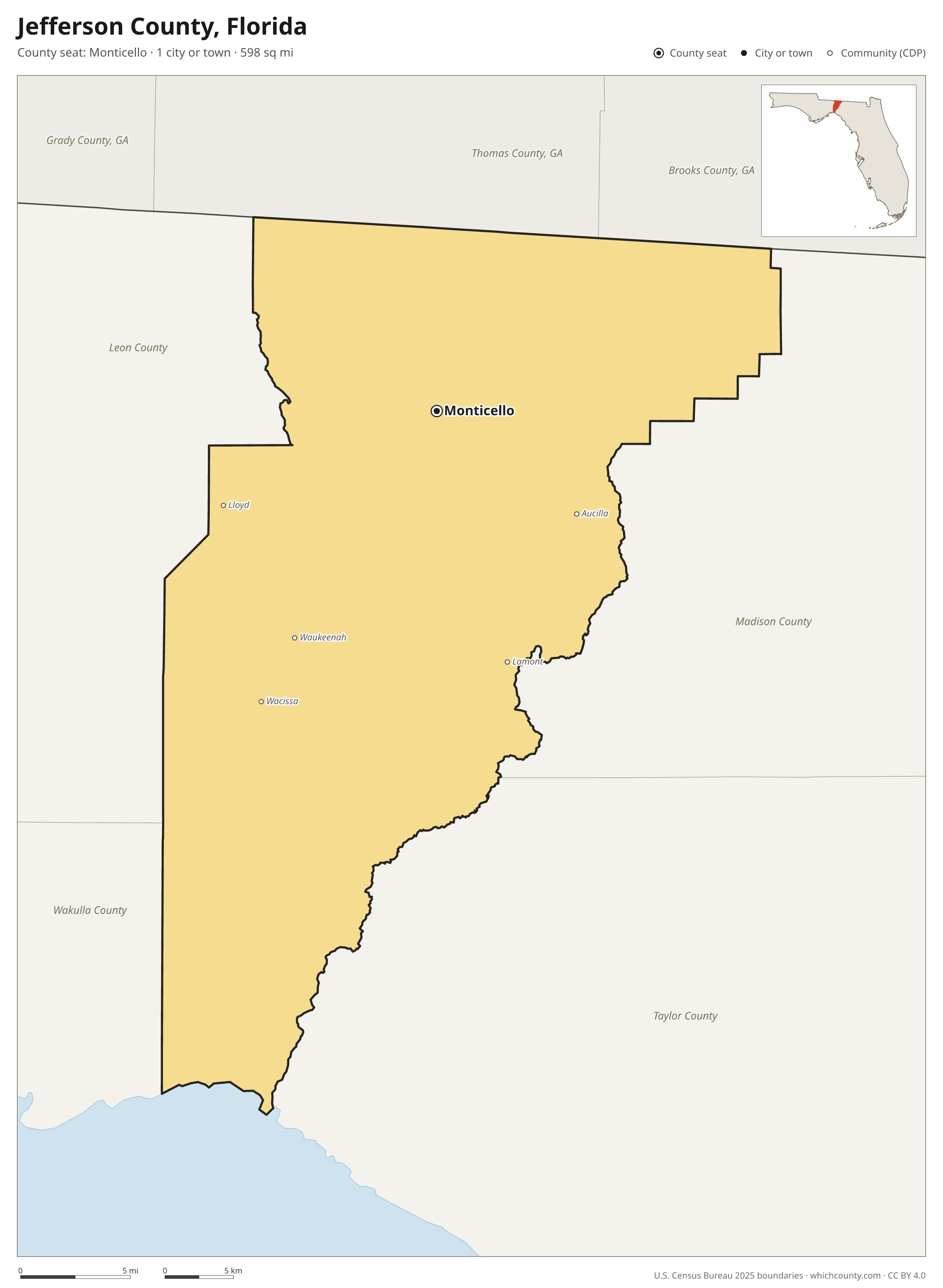 Map of Jefferson County, Florida with cities, towns and the county boundary