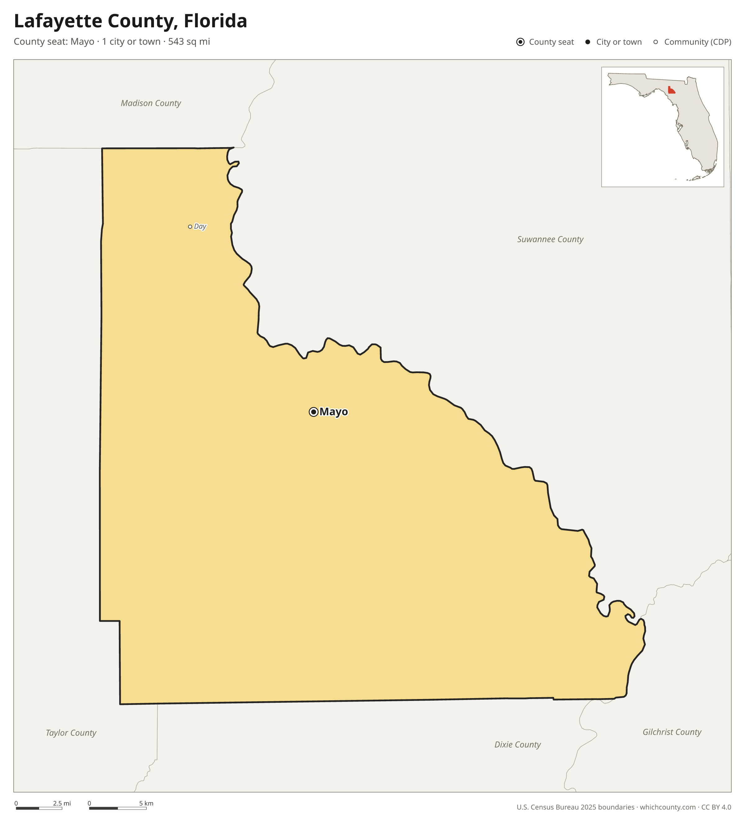 Map of Lafayette County, Florida with cities, towns and the county boundary