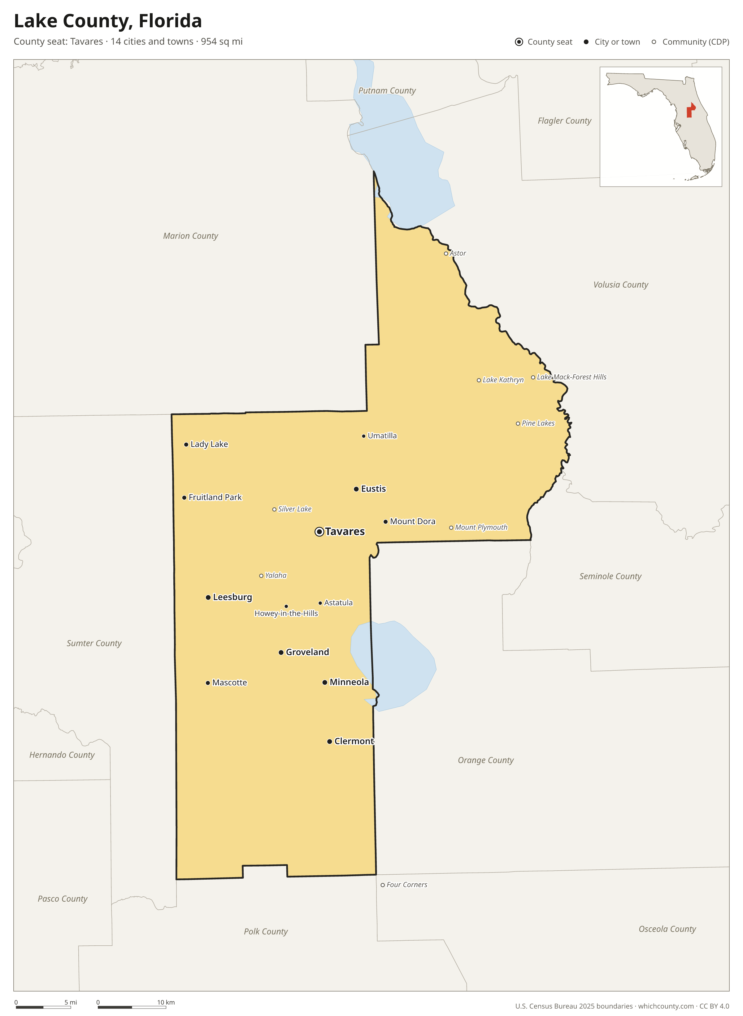Map of Lake County, Florida with cities, towns and the county boundary