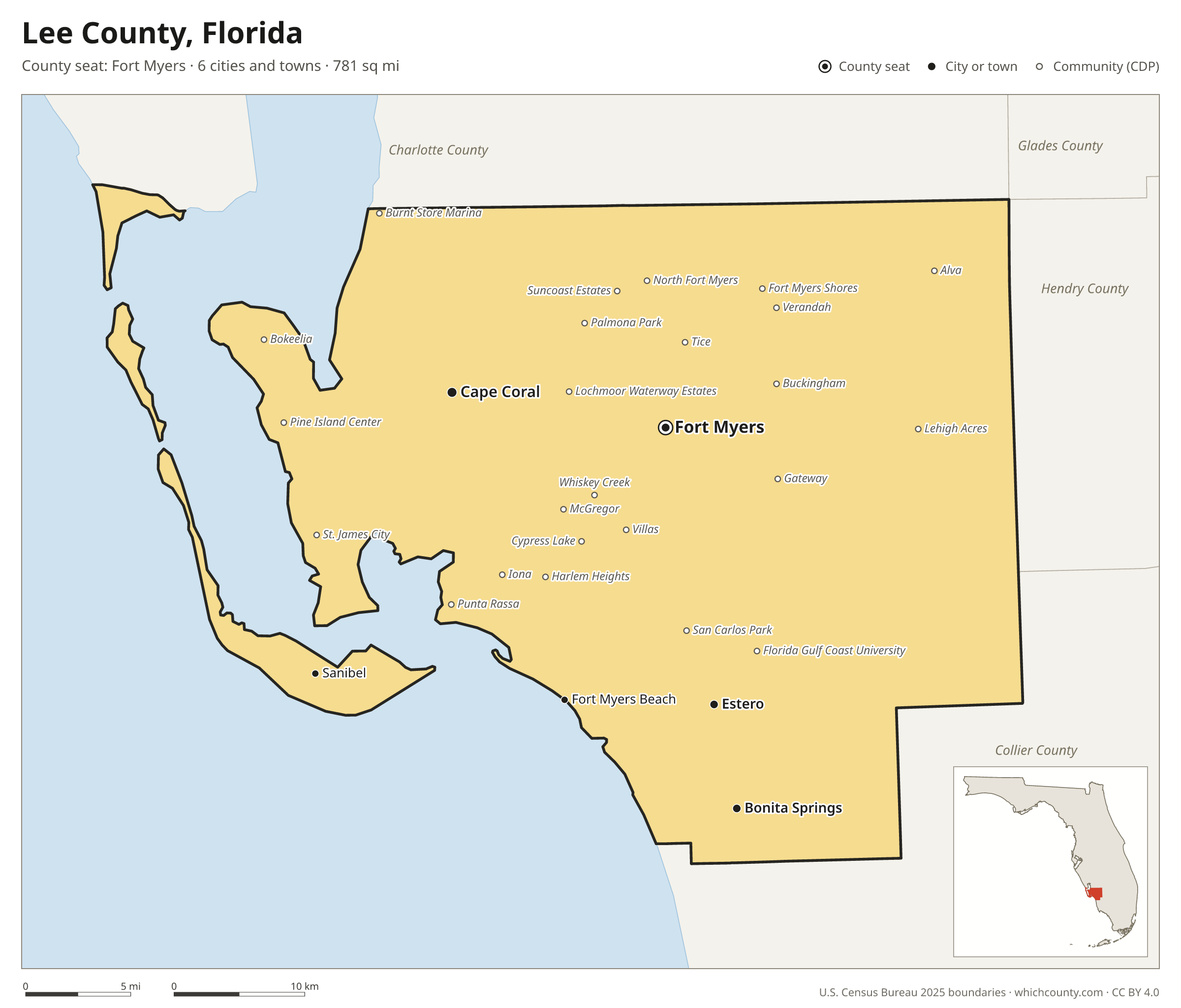 Map of Lee County, Florida with cities, towns and the county boundary