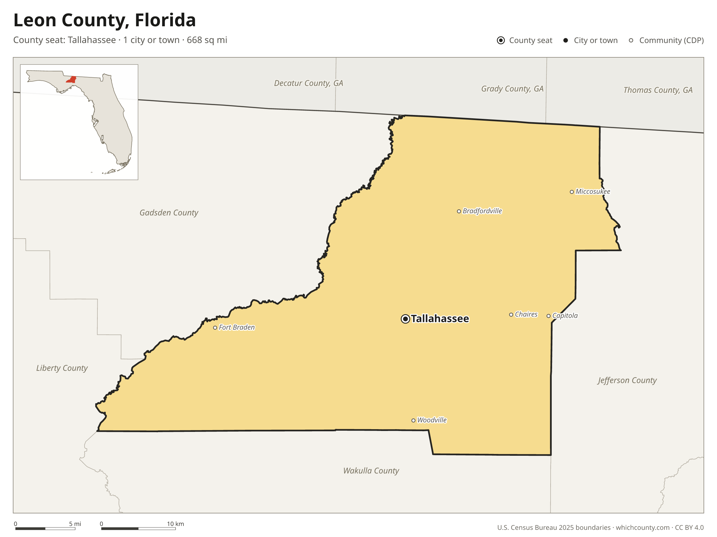 Map of Leon County, Florida with cities, towns and the county boundary