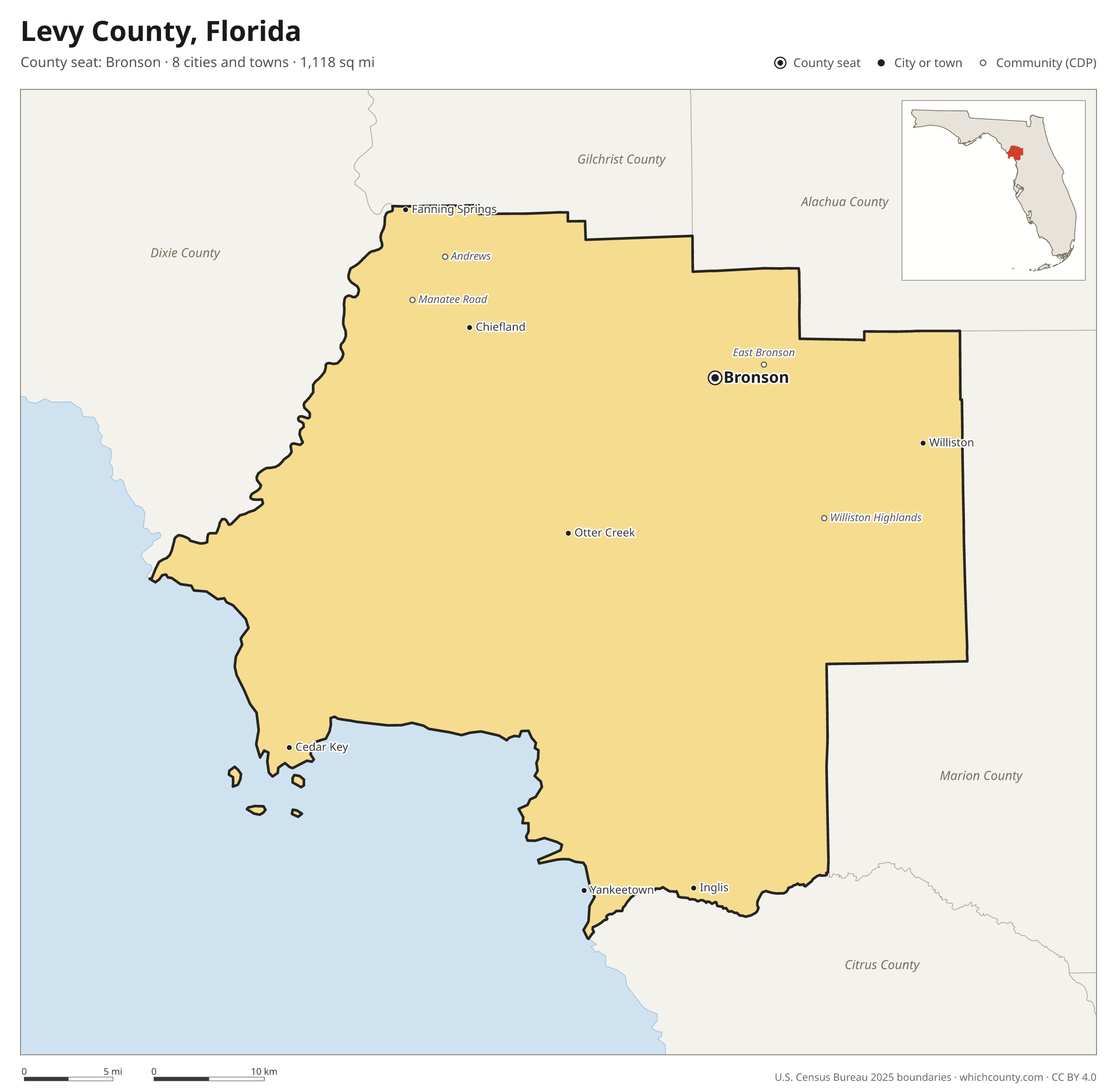 Map of Levy County, Florida with cities, towns and the county boundary