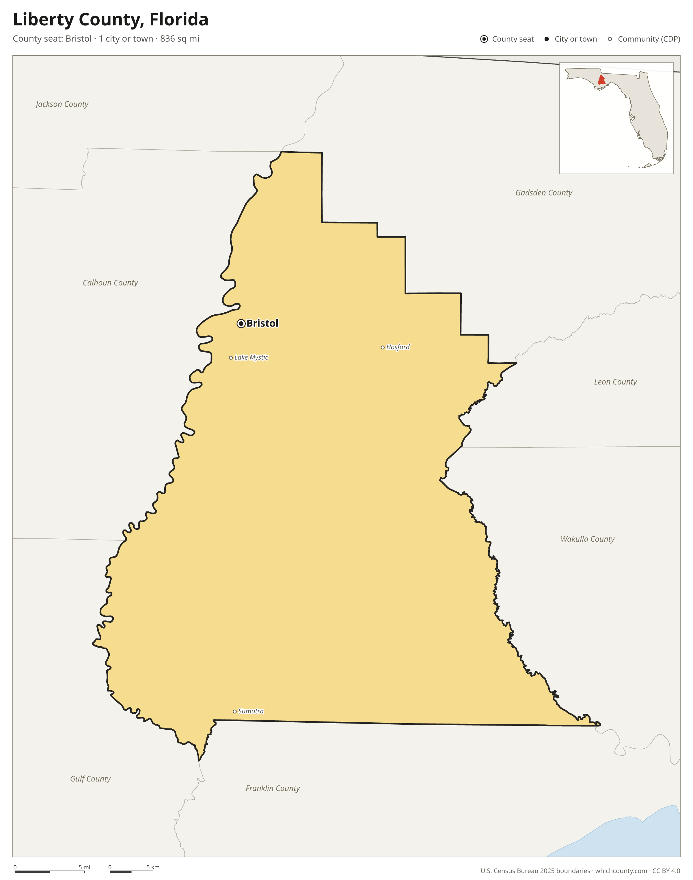 Map of Liberty County, Florida with cities, towns and the county boundary