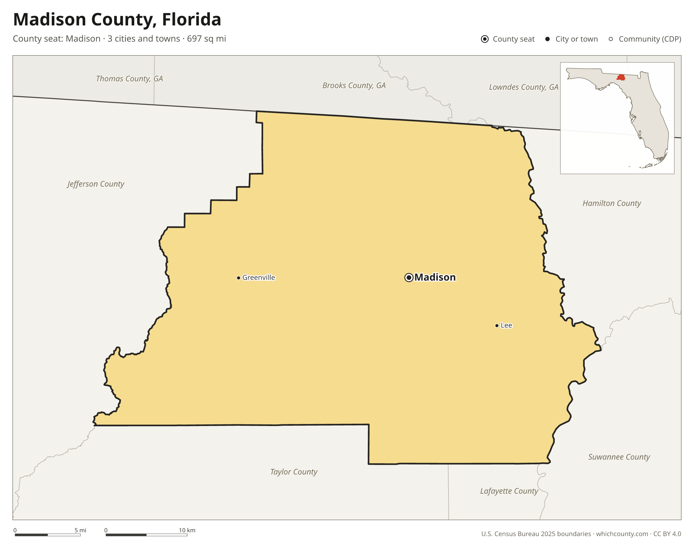 Map of Madison County, Florida with cities, towns and the county boundary
