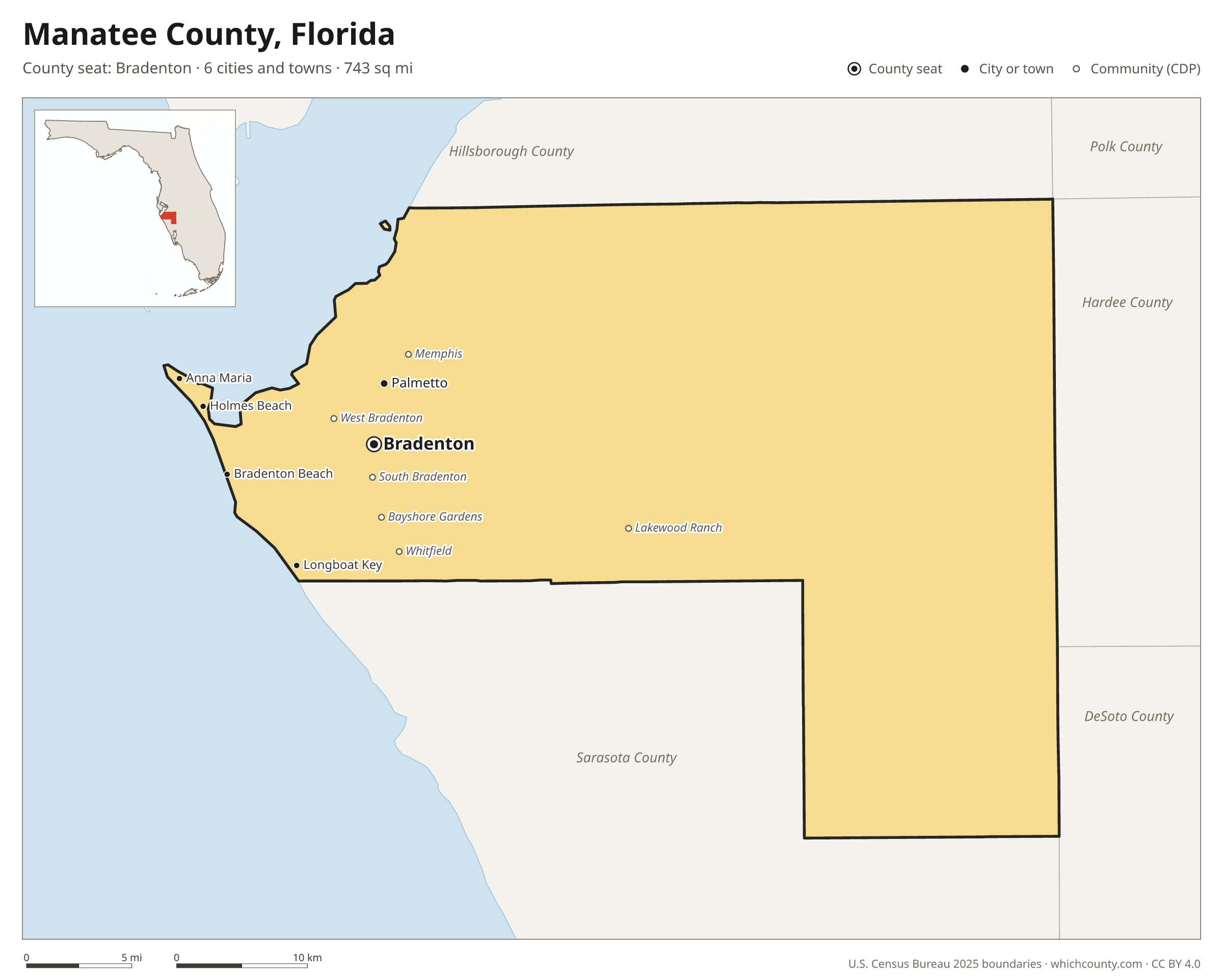 Map of Manatee County, Florida with cities, towns and the county boundary