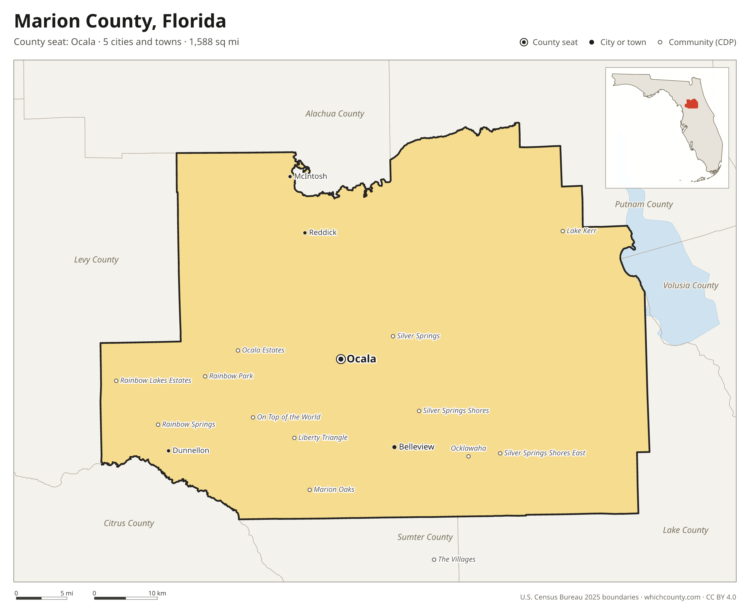 Map of Marion County, Florida with cities, towns and the county boundary