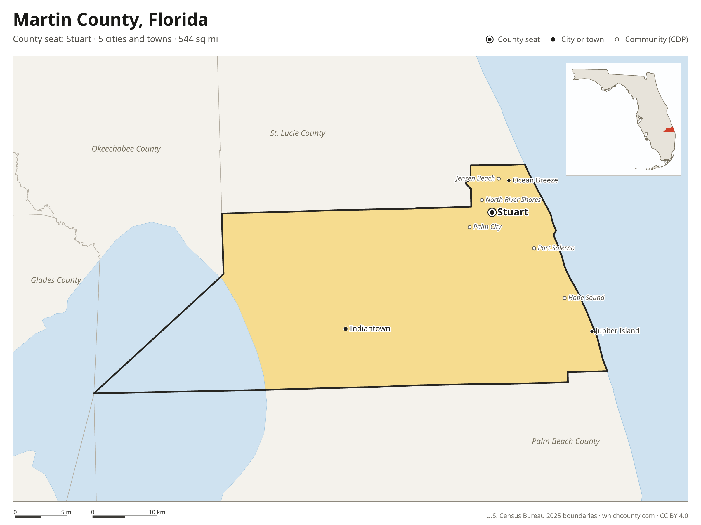 Map of Martin County, Florida with cities, towns and the county boundary