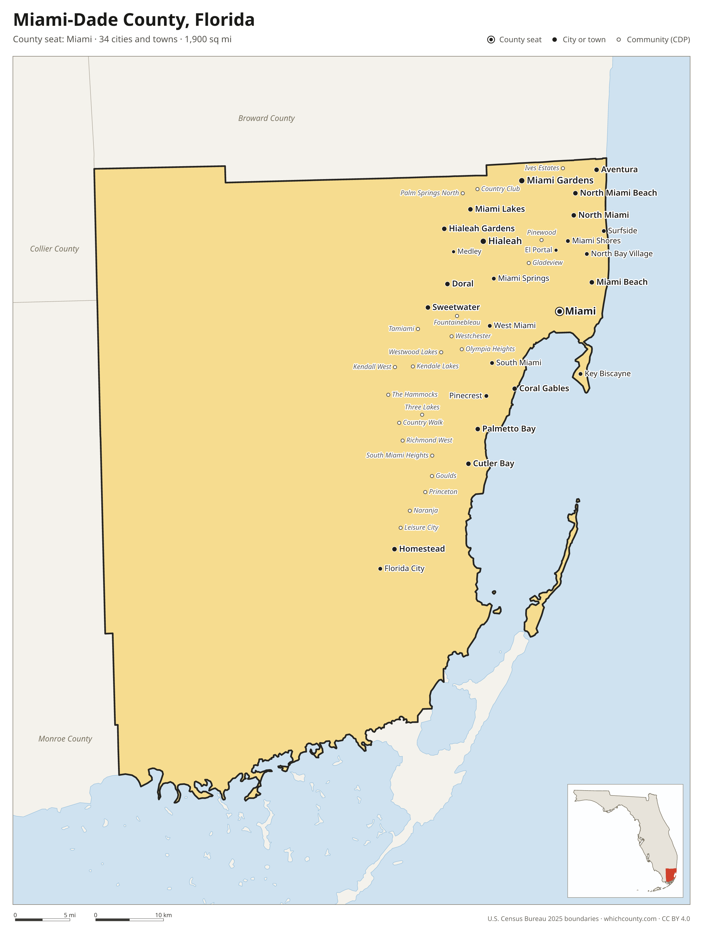Map of Miami-Dade County, Florida with cities, towns and the county boundary