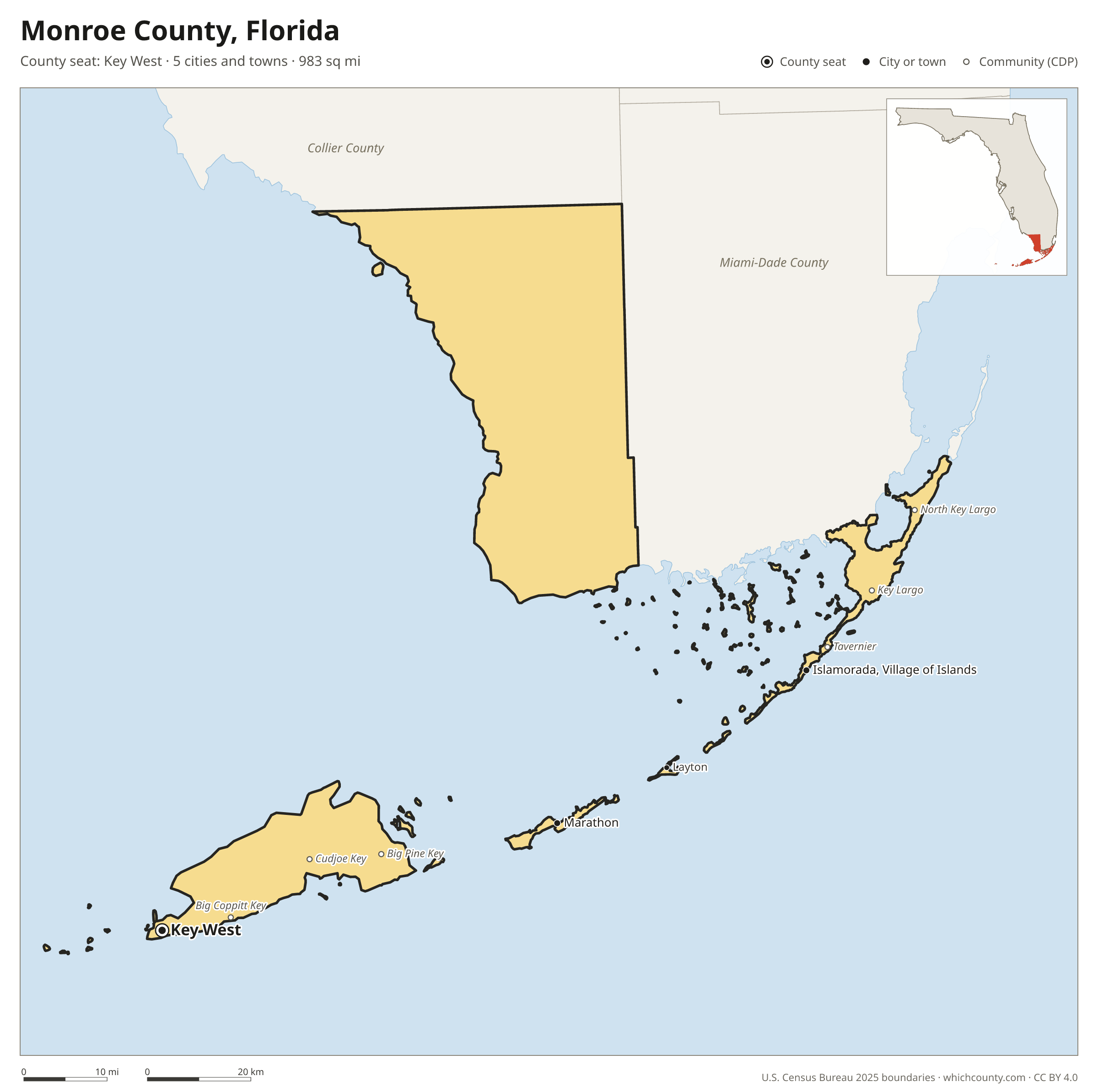 Map of Monroe County, Florida with cities, towns and the county boundary