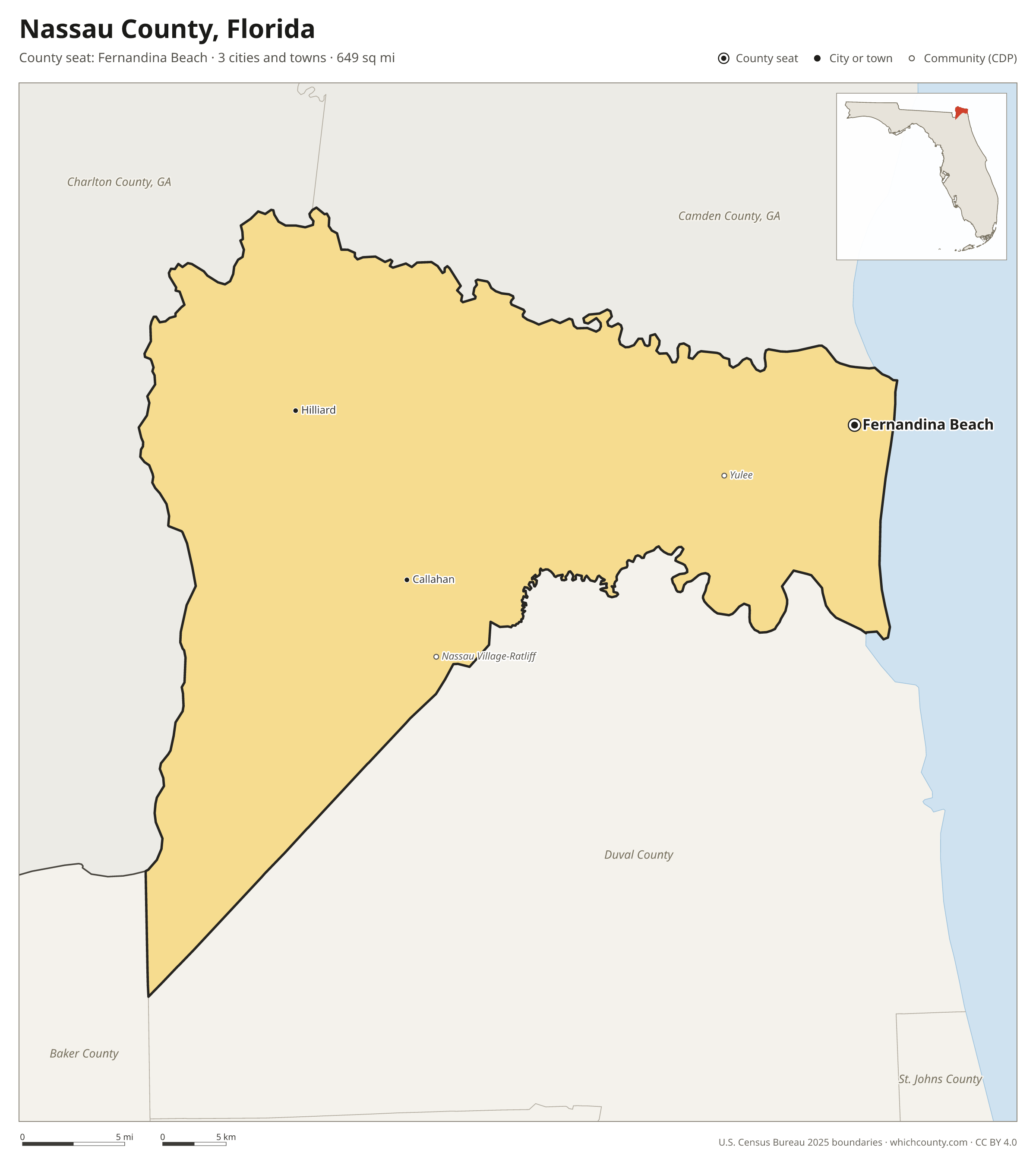 Map of Nassau County, Florida with cities, towns and the county boundary