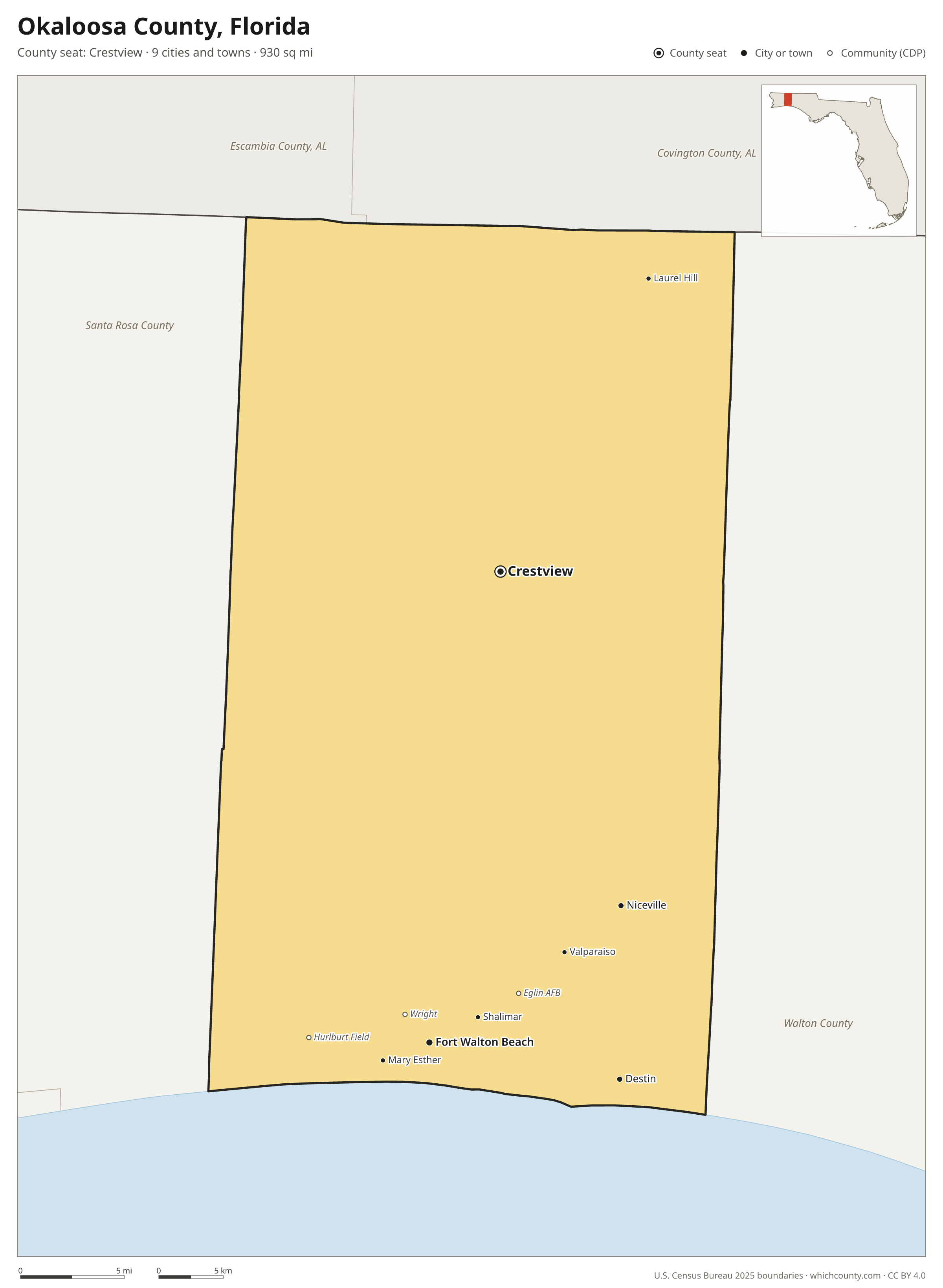 Map of Okaloosa County, Florida with cities, towns and the county boundary