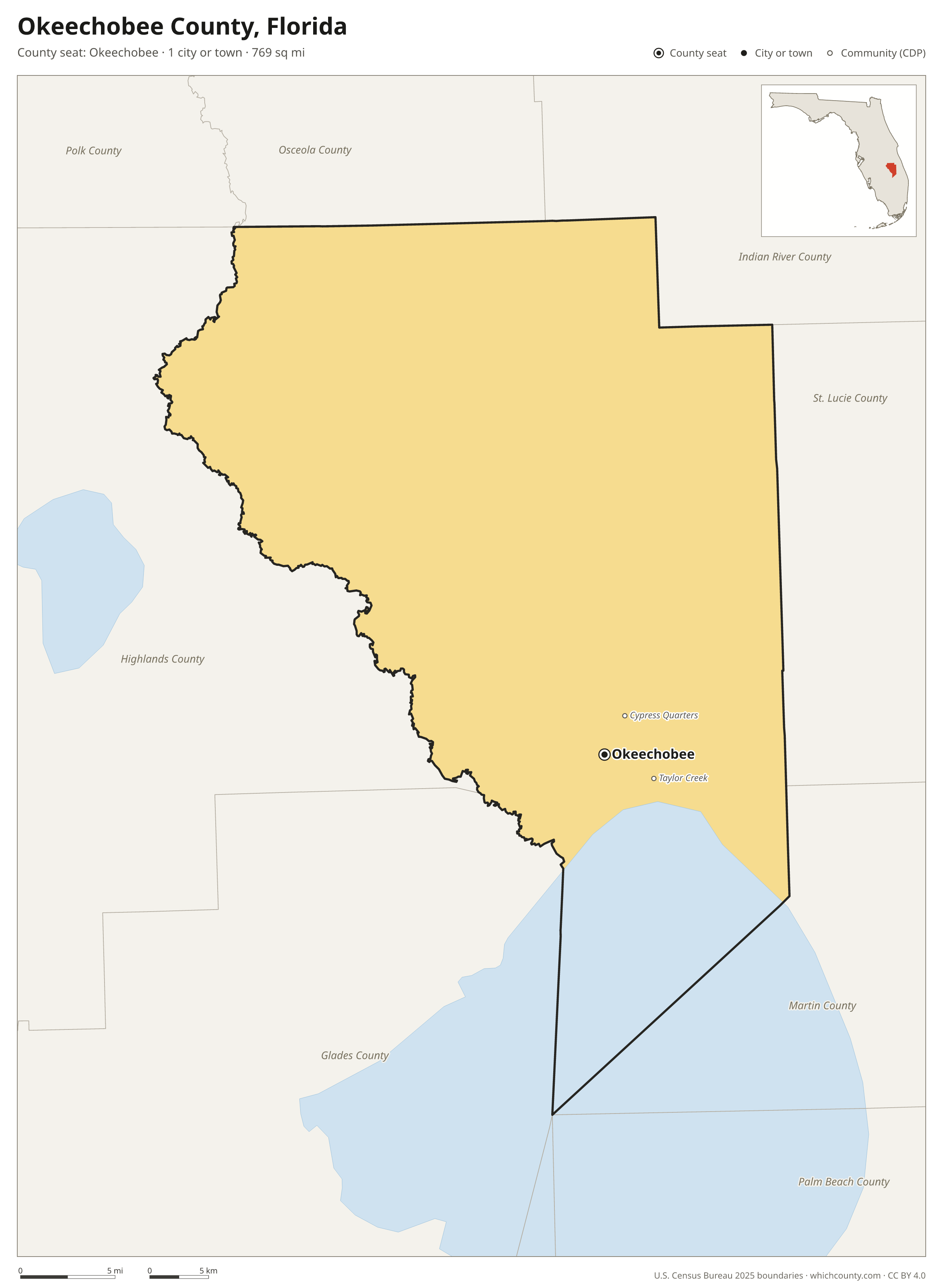Map of Okeechobee County, Florida with cities, towns and the county boundary