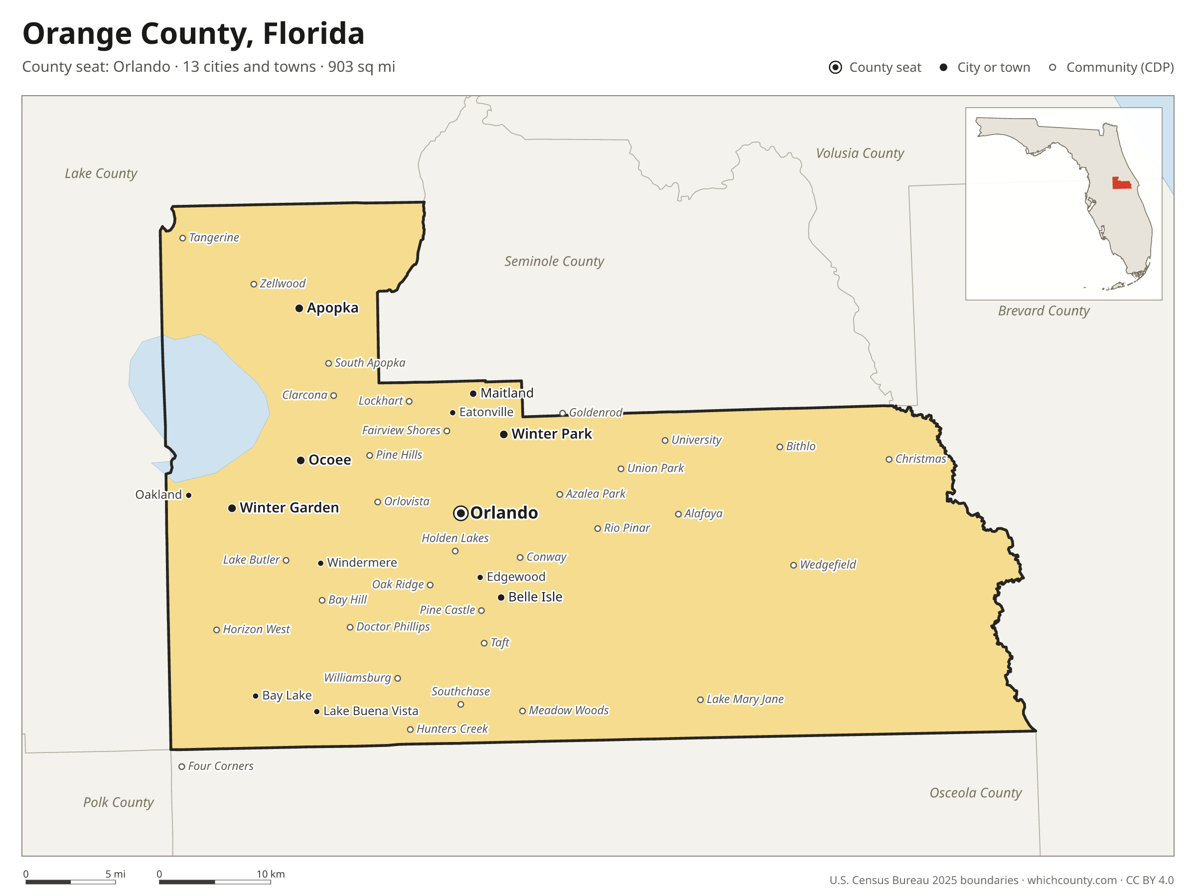 Map of Orange County, Florida with cities, towns and the county boundary