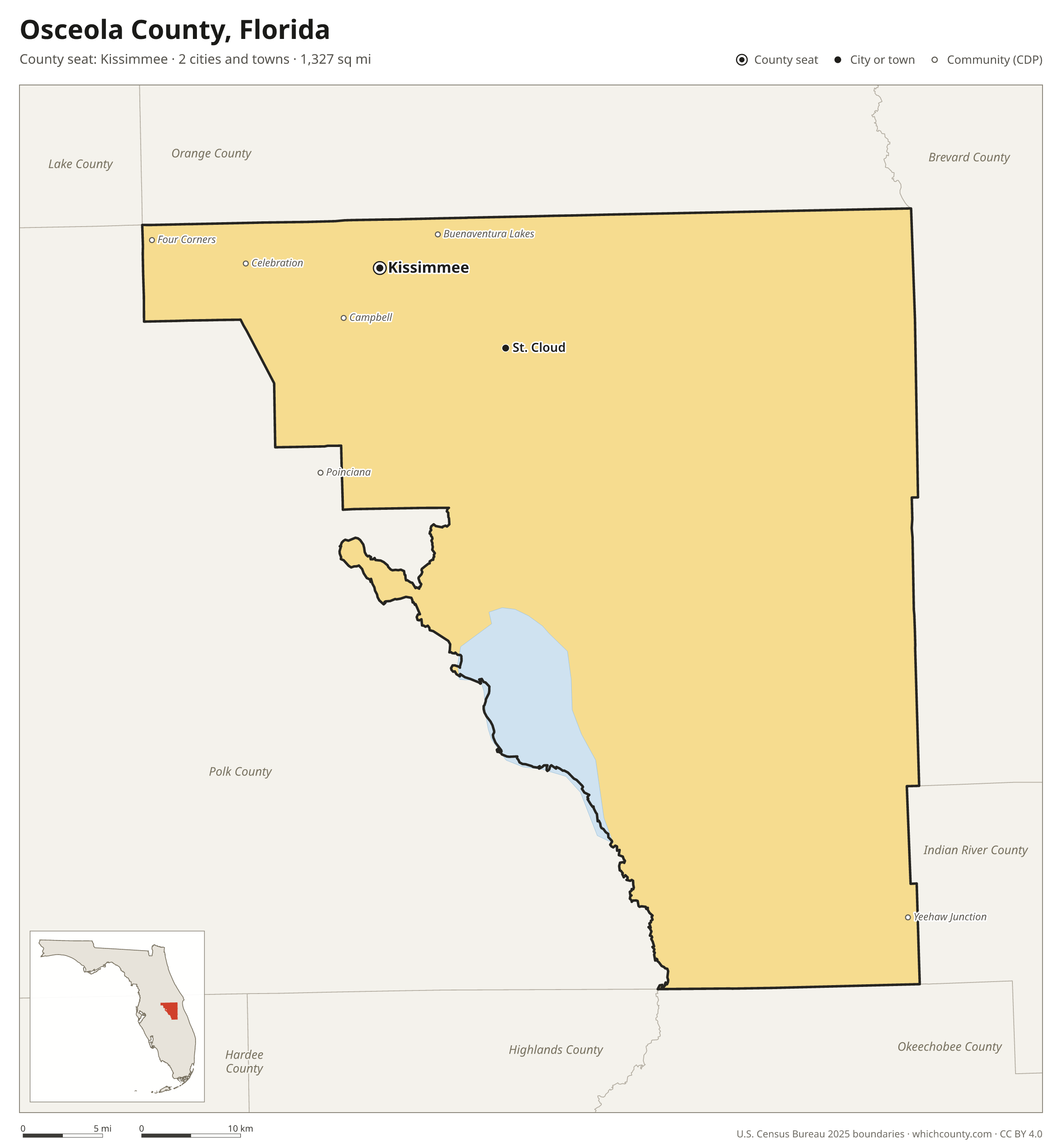 Map of Osceola County, Florida with cities, towns and the county boundary
