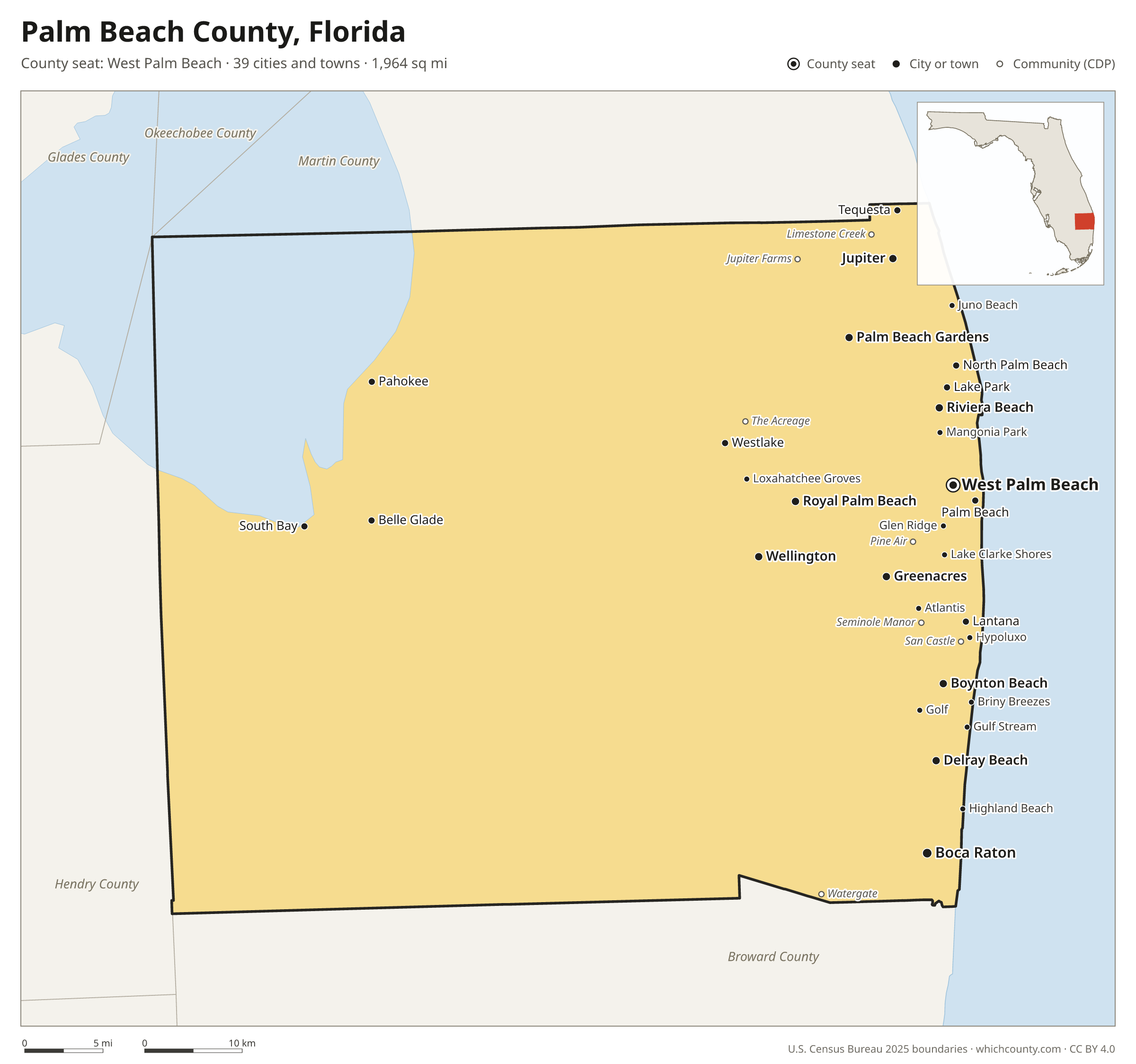 Map of Palm Beach County, Florida with cities, towns and the county boundary