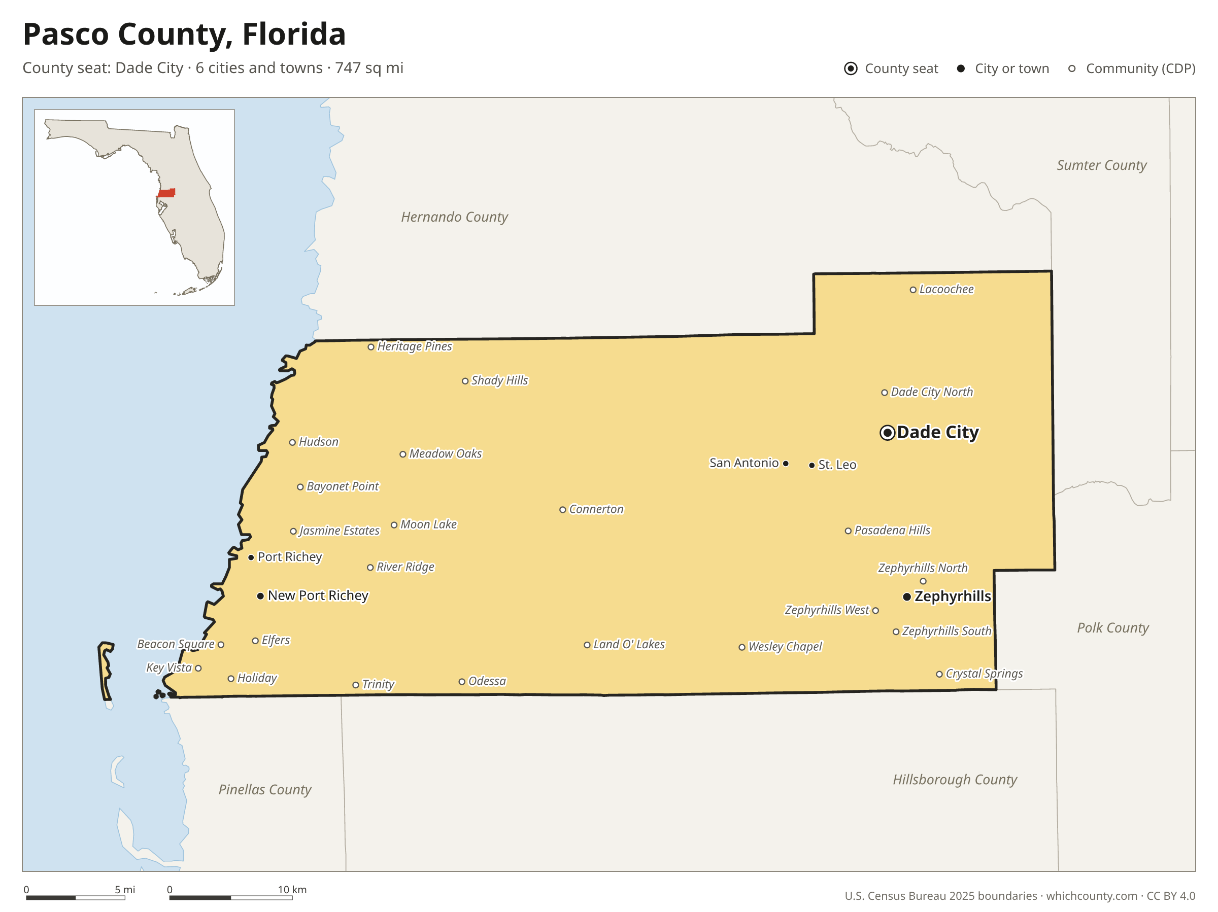 Map of Pasco County, Florida with cities, towns and the county boundary