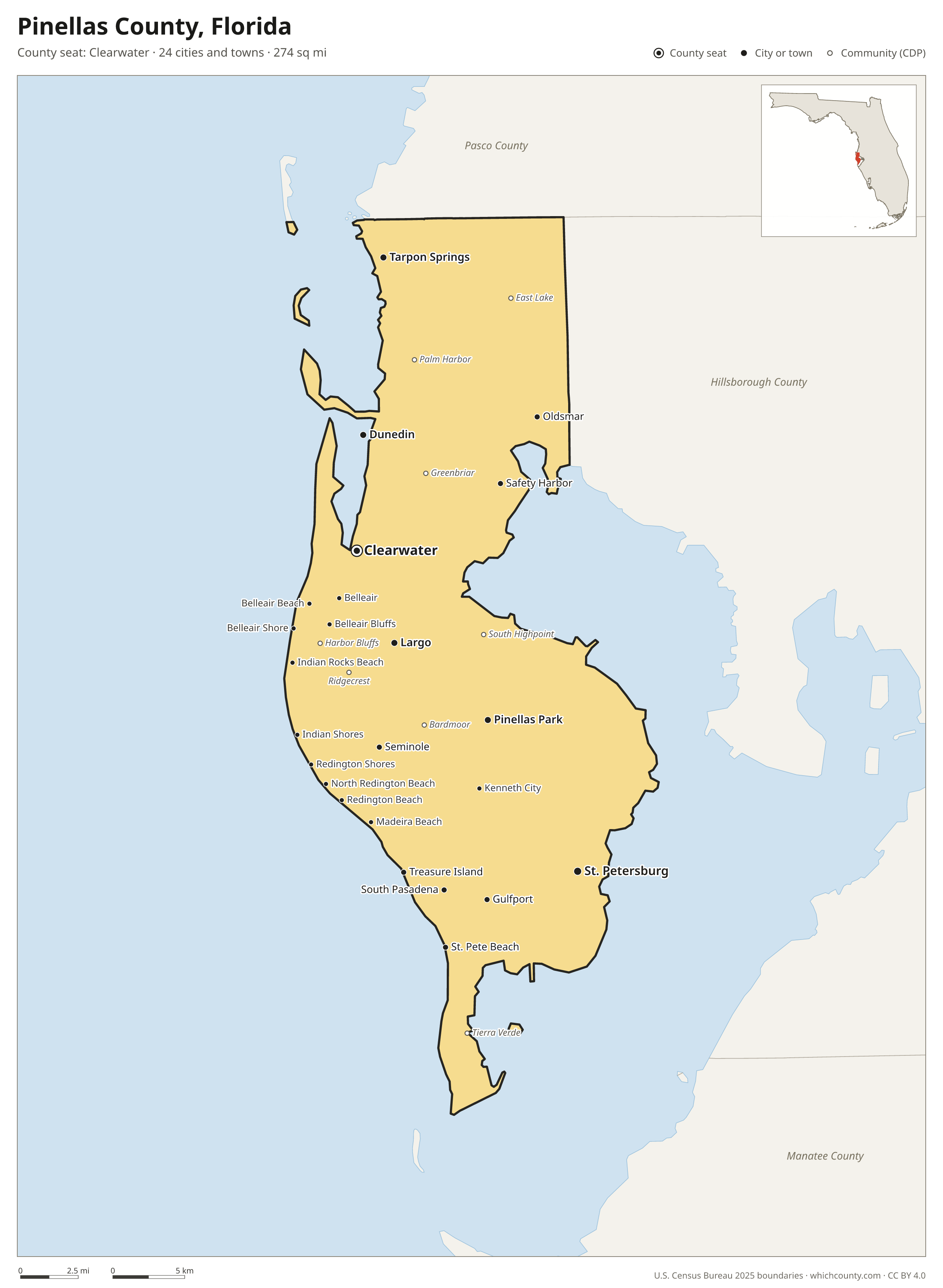 Map of Pinellas County, Florida with cities, towns and the county boundary