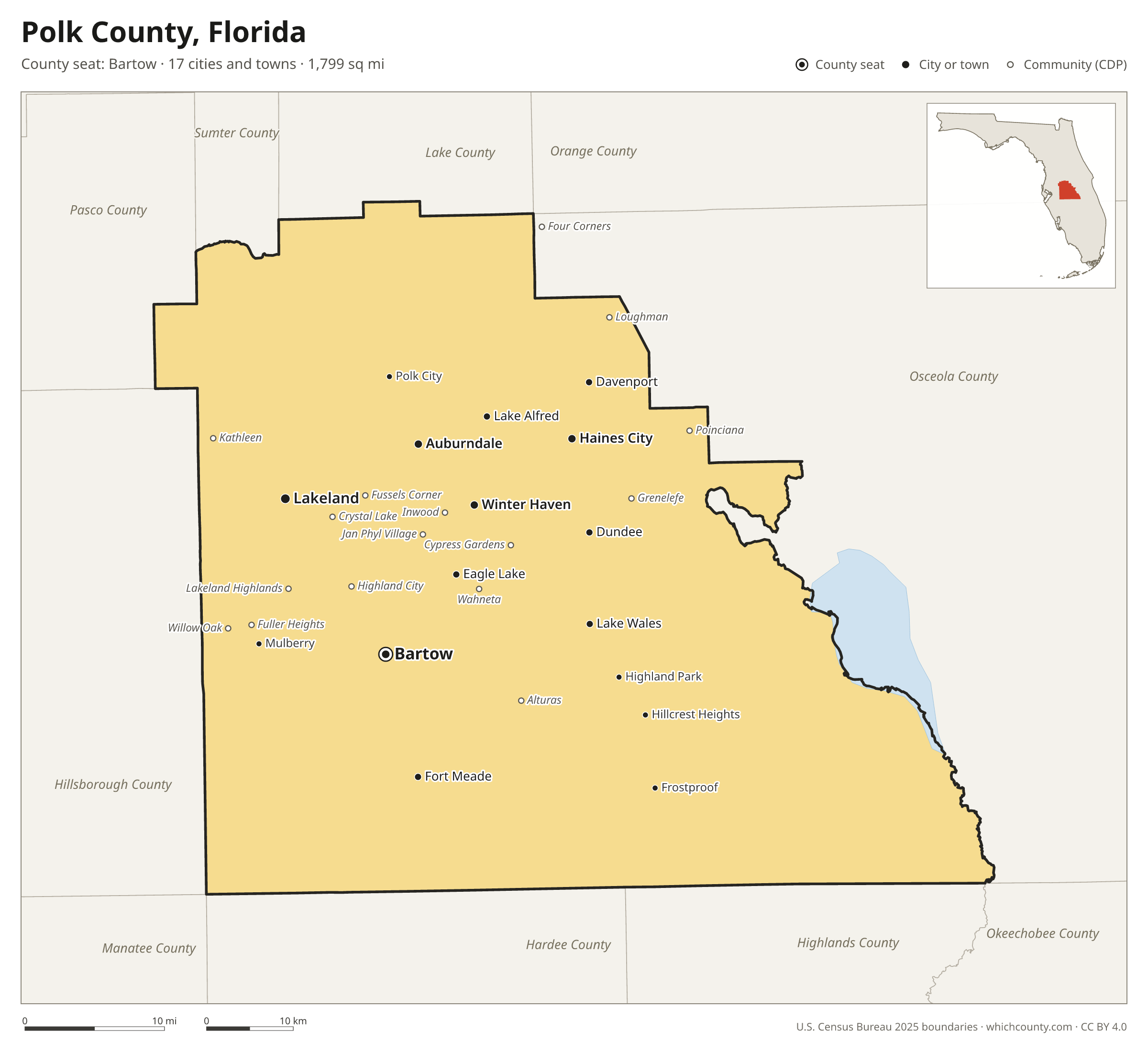 Map of Polk County, Florida with cities, towns and the county boundary