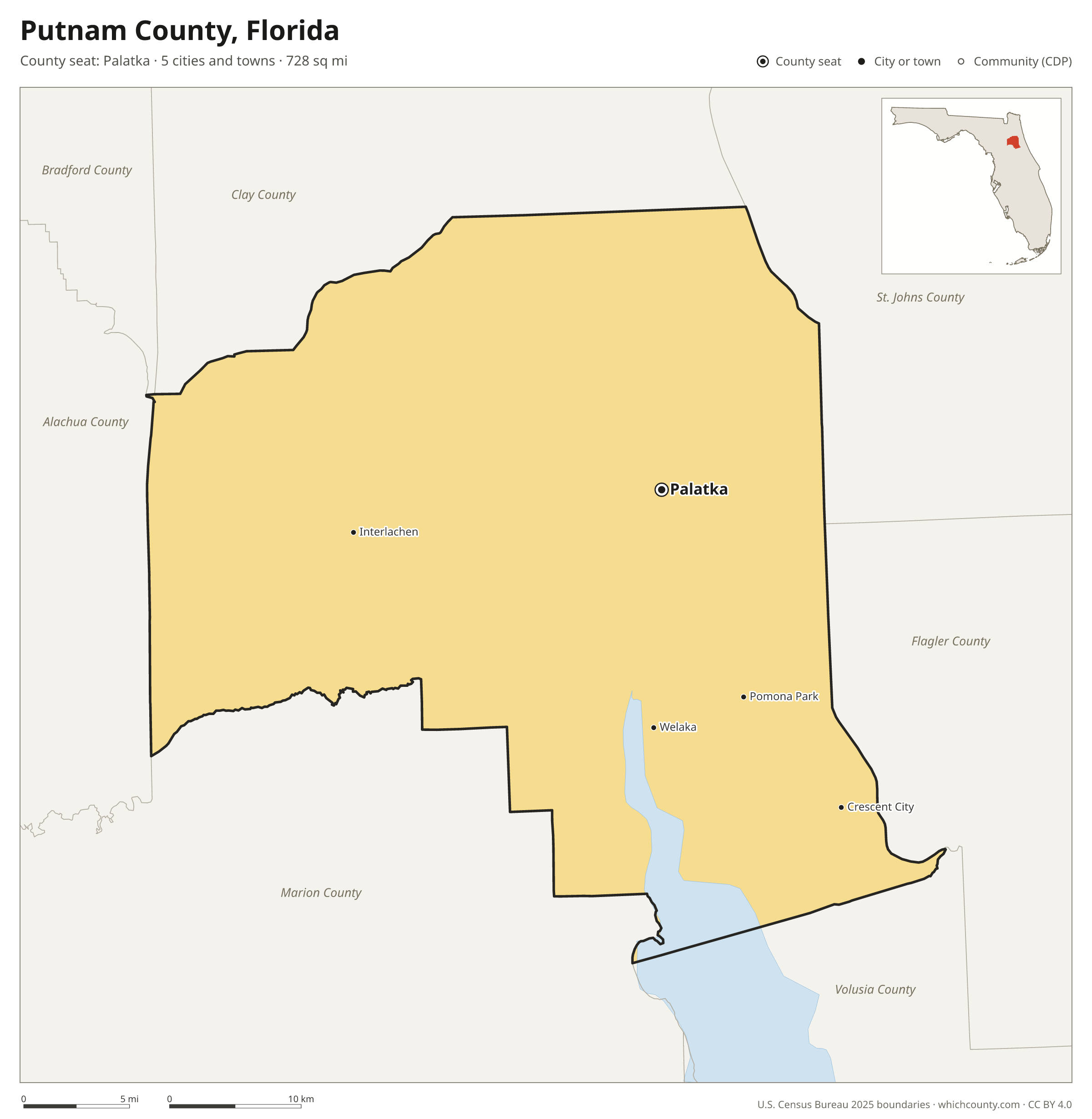 Map of Putnam County, Florida with cities, towns and the county boundary