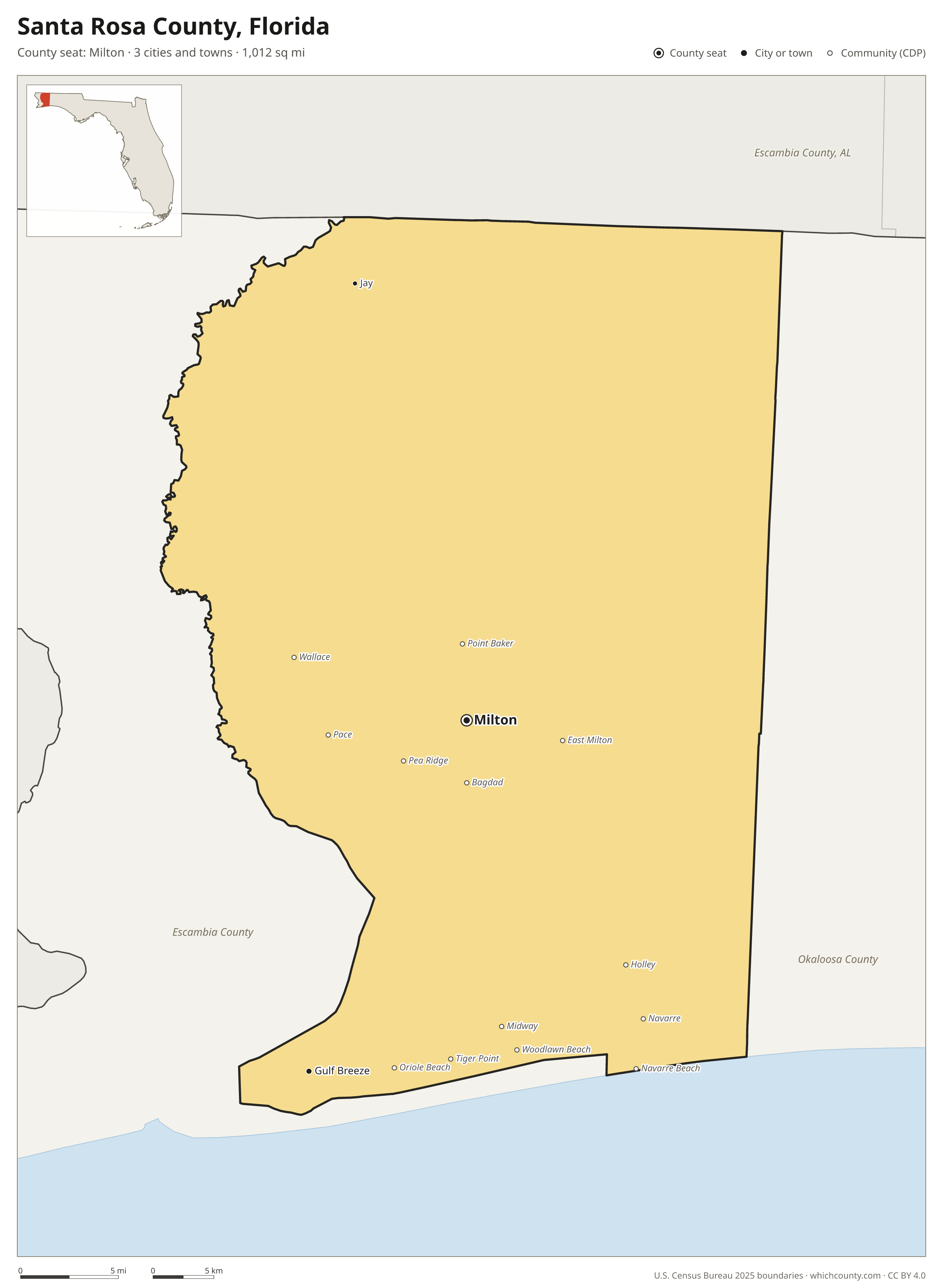 Map of Santa Rosa County, Florida with cities, towns and the county boundary
