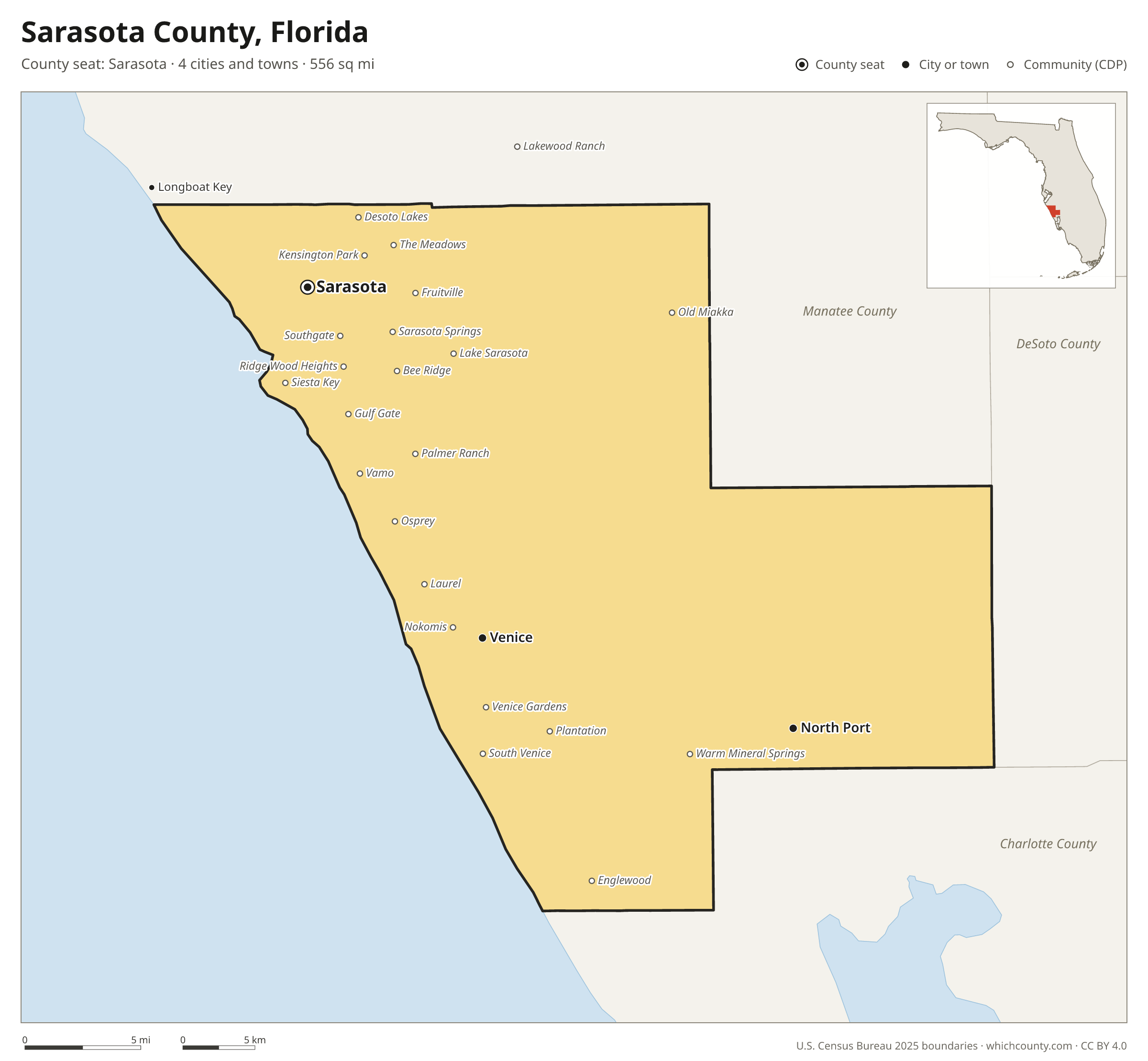 Map of Sarasota County, Florida with cities, towns and the county boundary