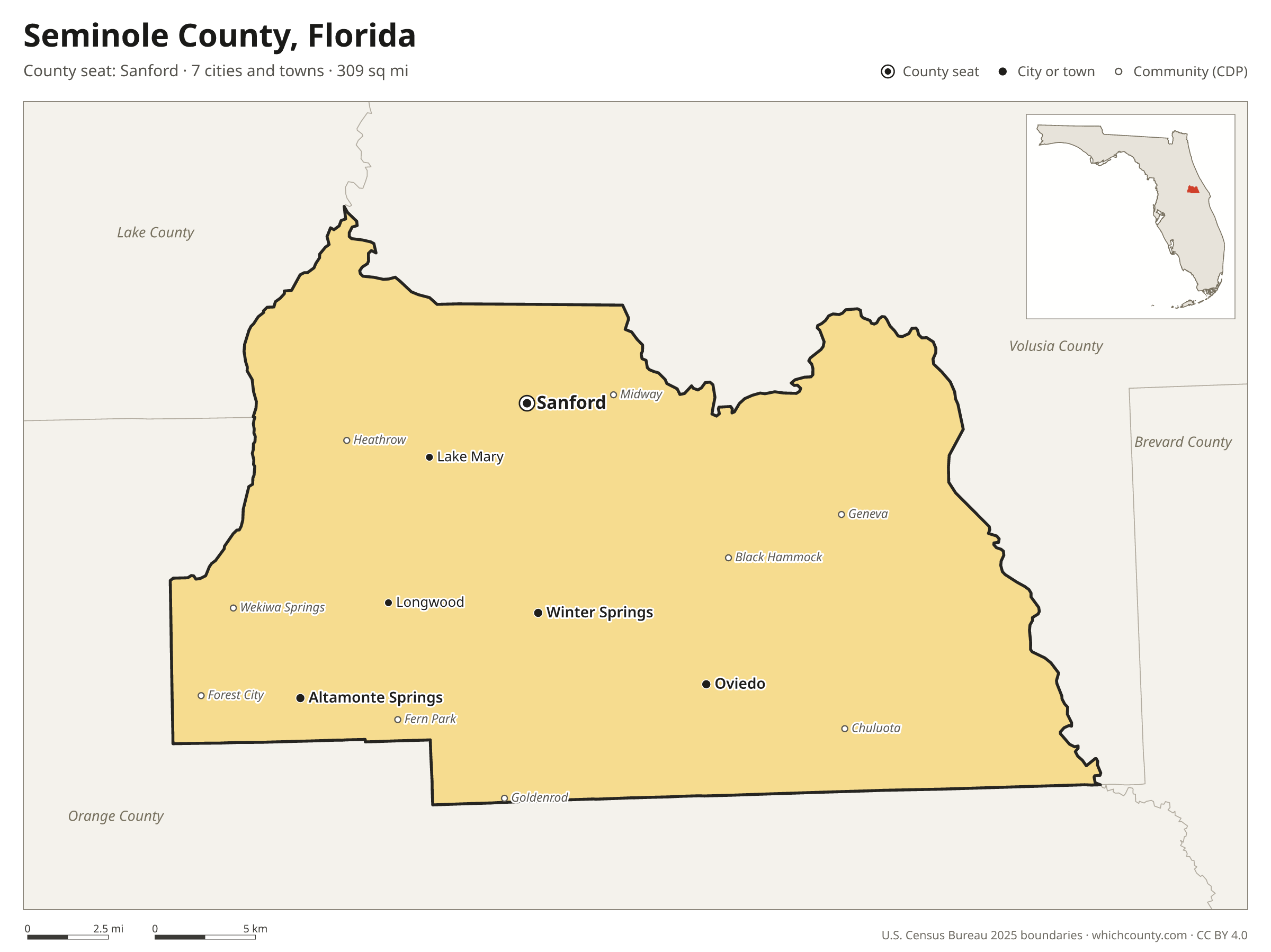 Map of Seminole County, Florida with cities, towns and the county boundary