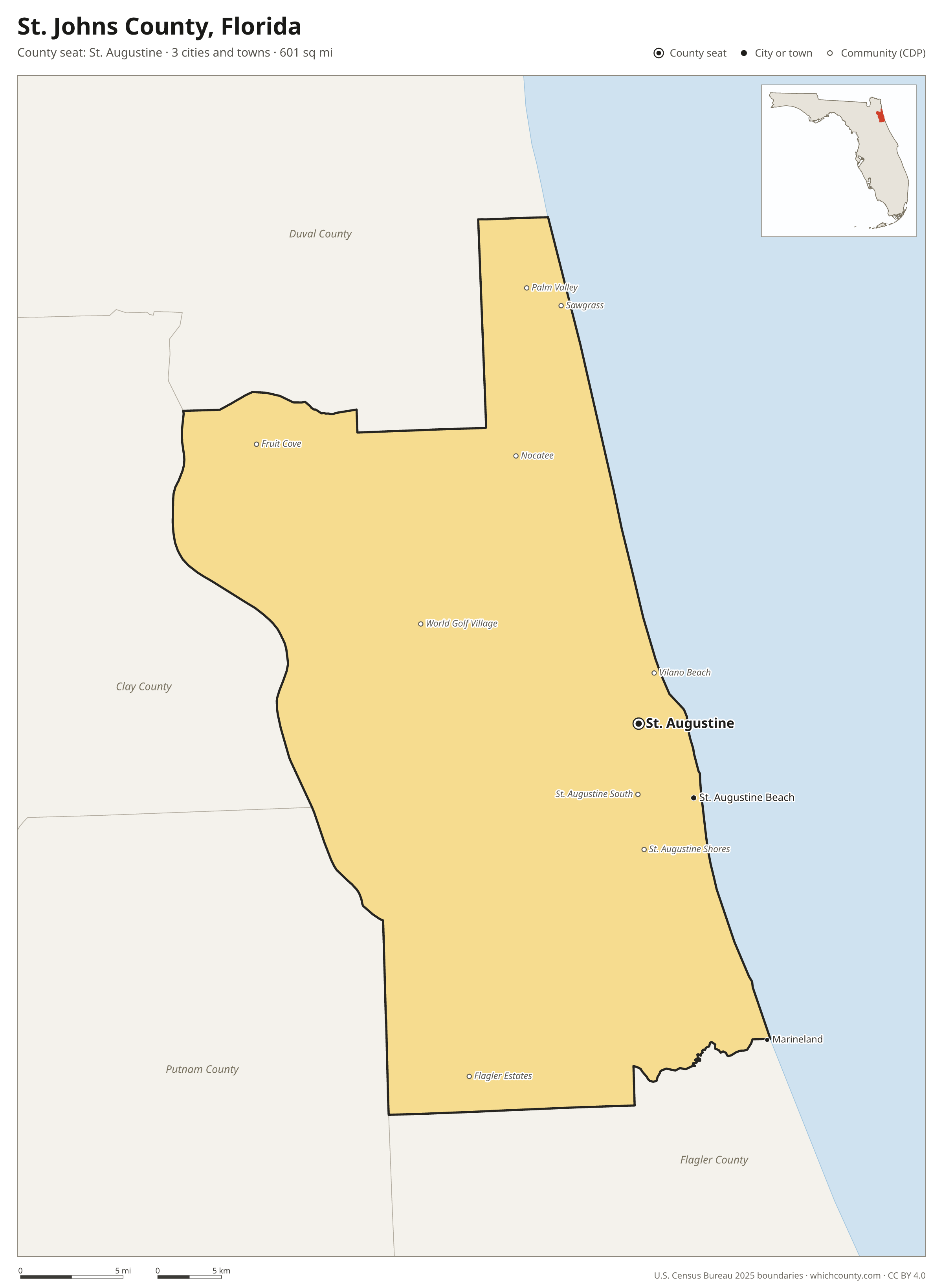 Map of St. Johns County, Florida with cities, towns and the county boundary