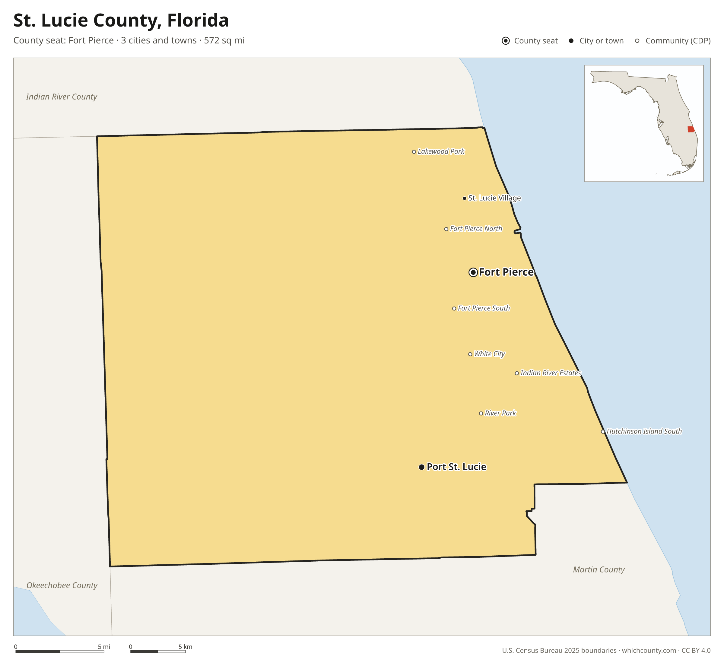 Map of St. Lucie County, Florida with cities, towns and the county boundary