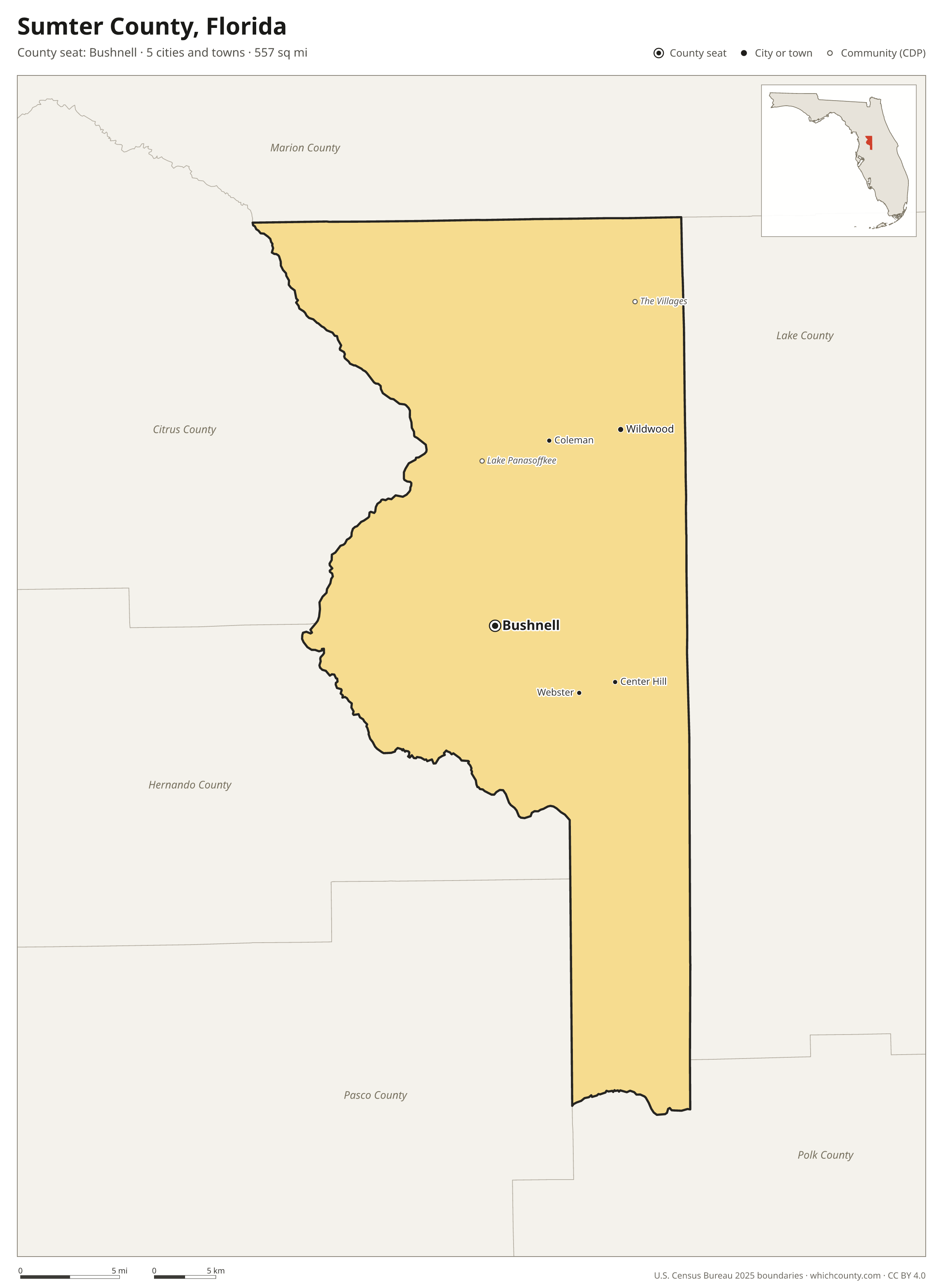 Map of Sumter County, Florida with cities, towns and the county boundary