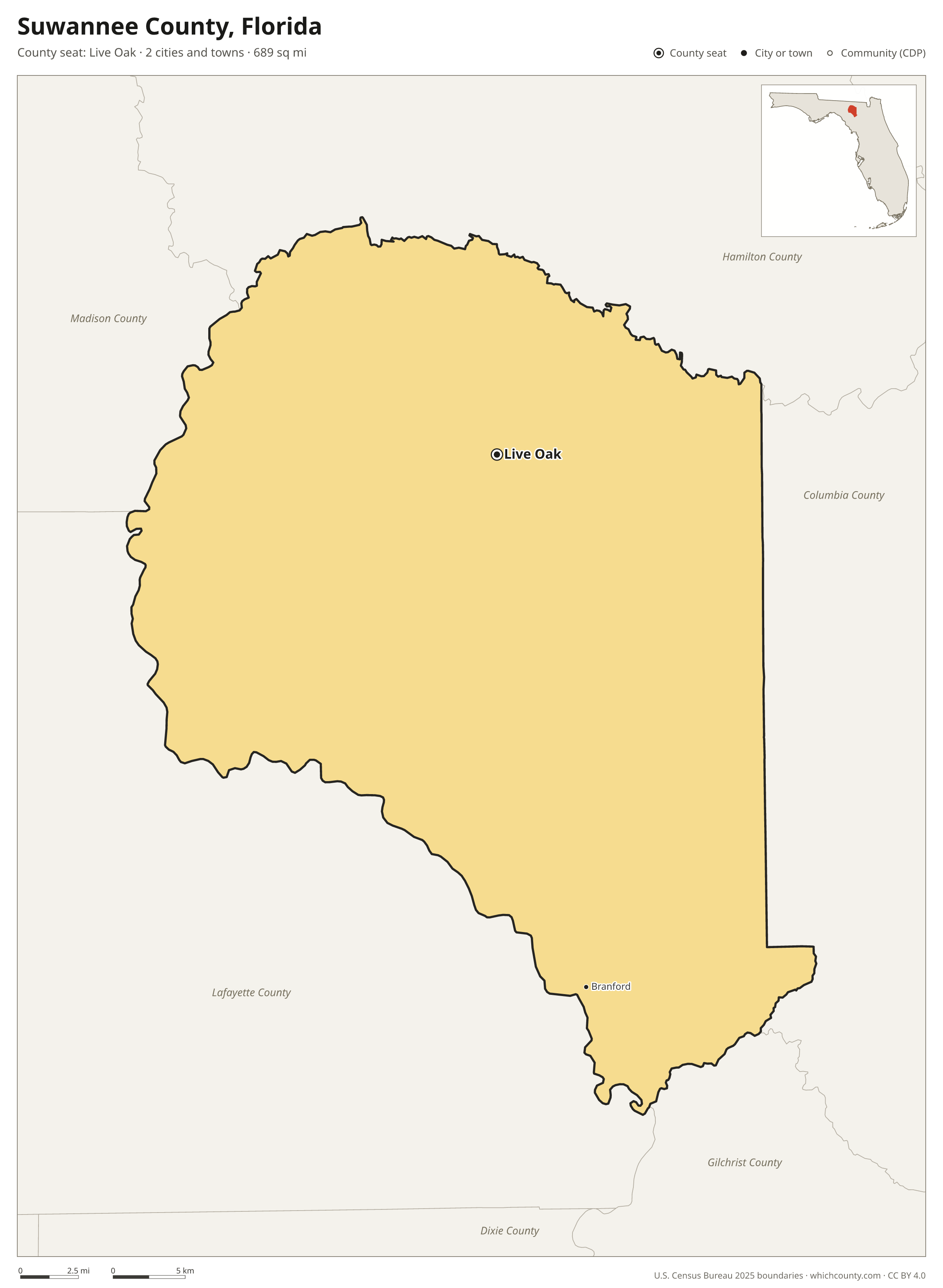 Map of Suwannee County, Florida with cities, towns and the county boundary