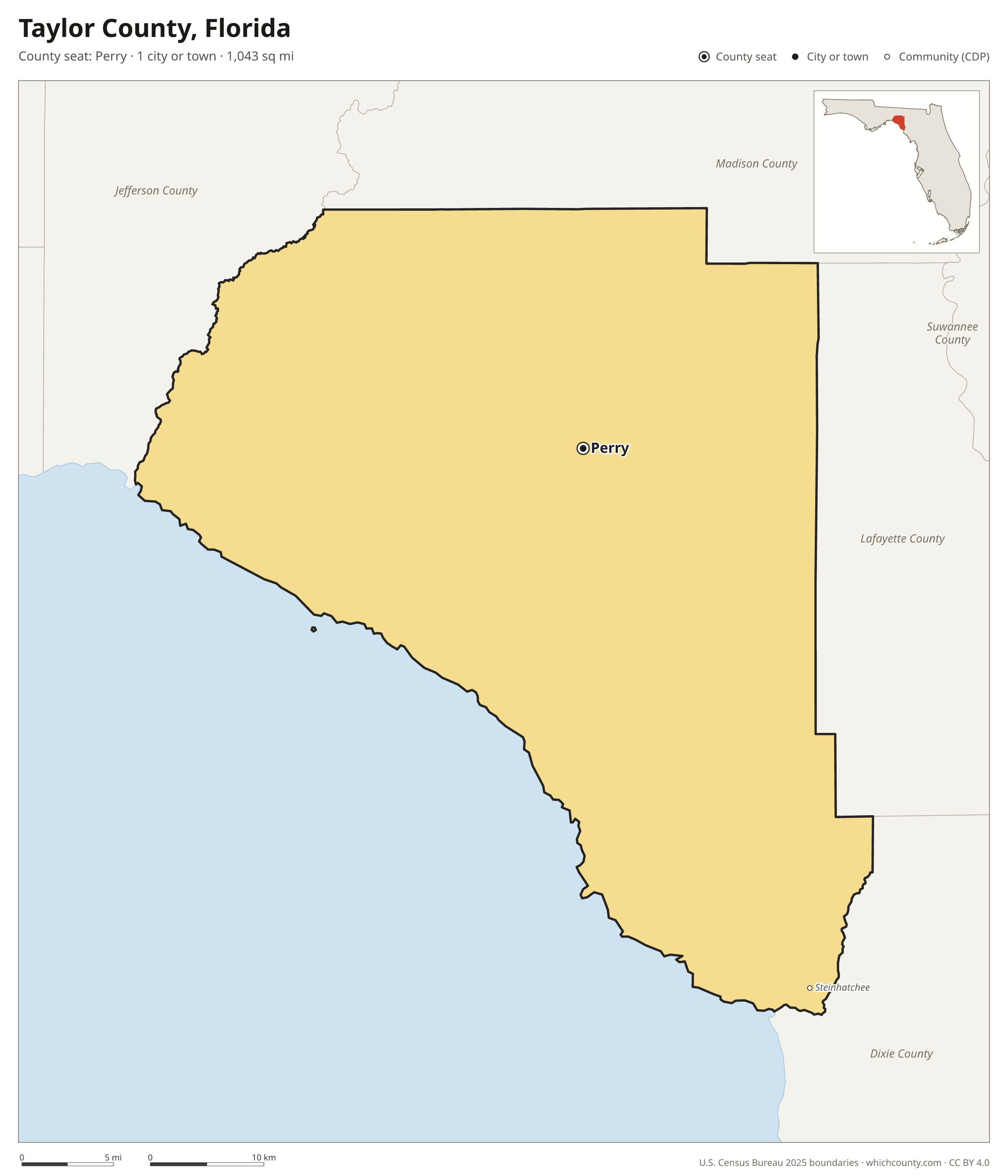 Map of Taylor County, Florida with cities, towns and the county boundary