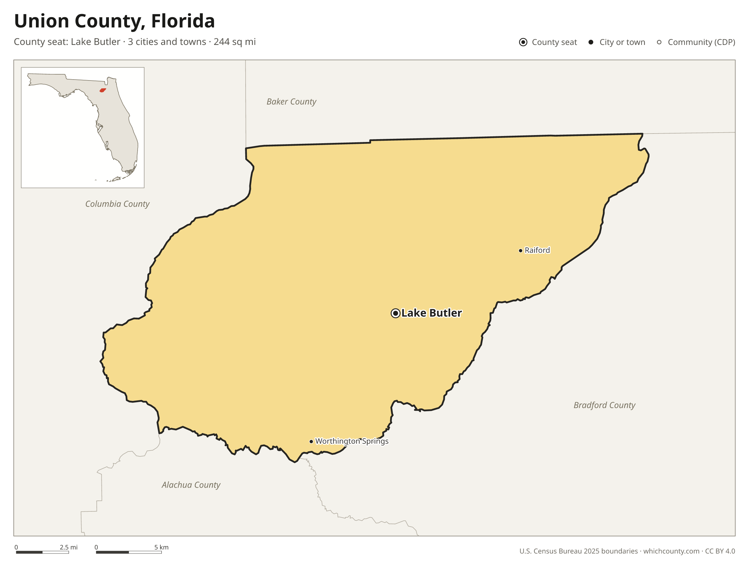 Map of Union County, Florida with cities, towns and the county boundary