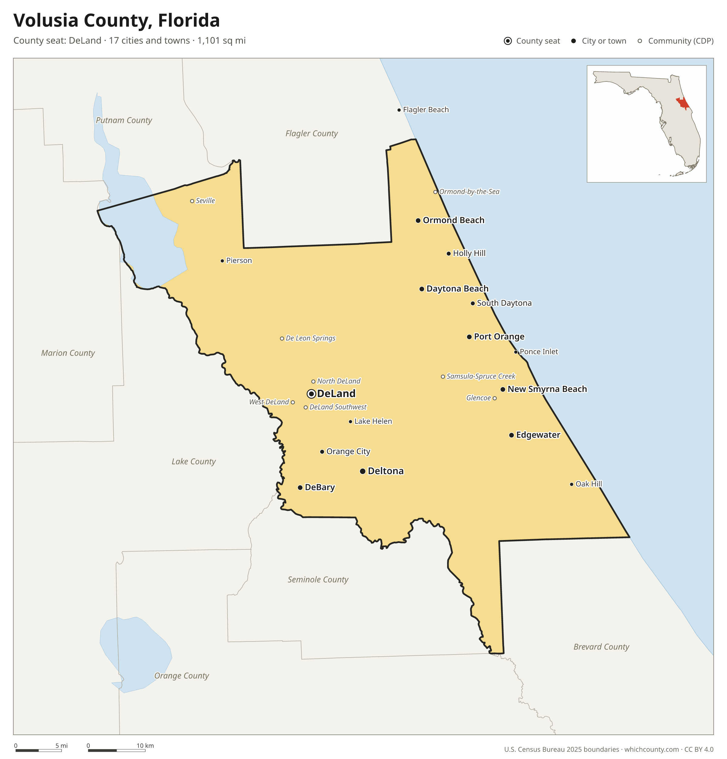 Map of Volusia County, Florida with cities, towns and the county boundary