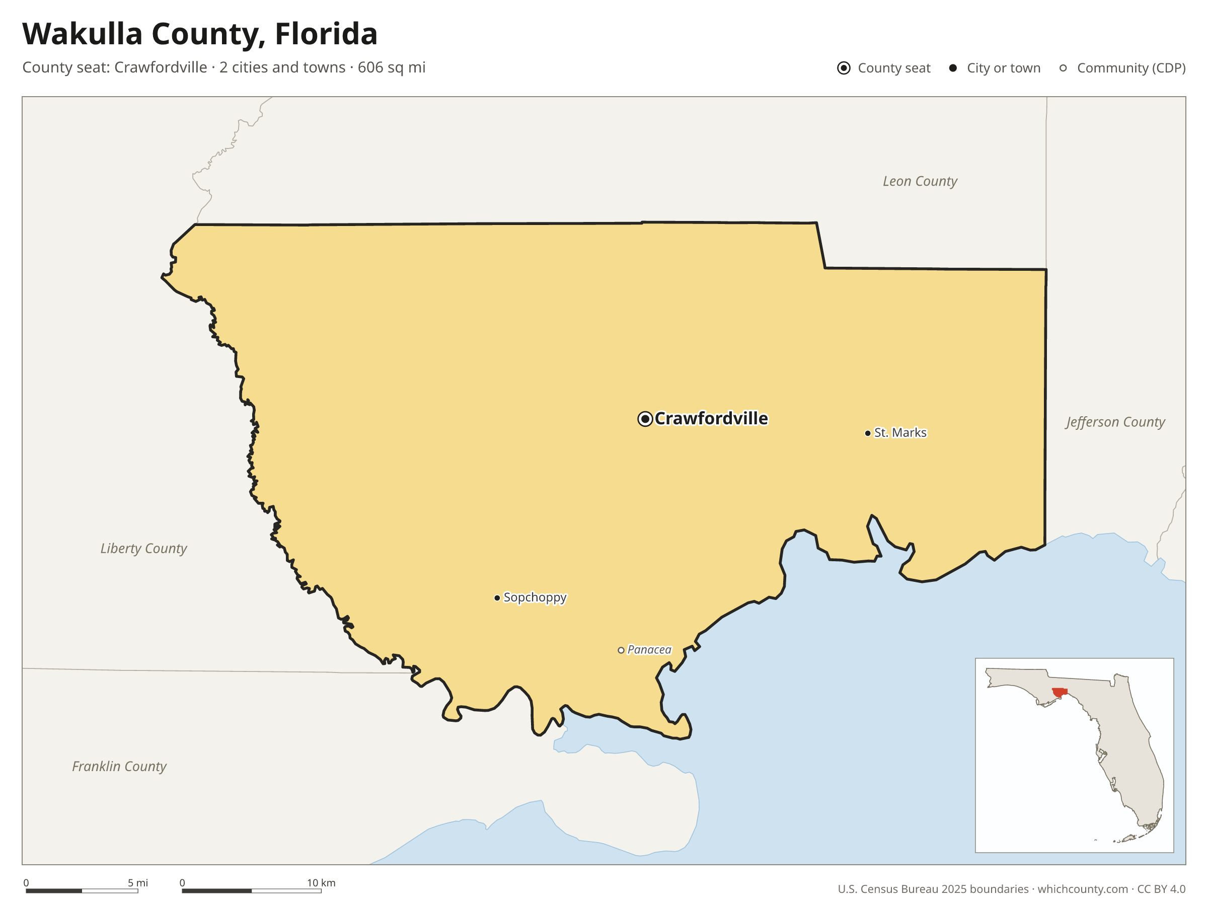 Map of Wakulla County, Florida with cities, towns and the county boundary