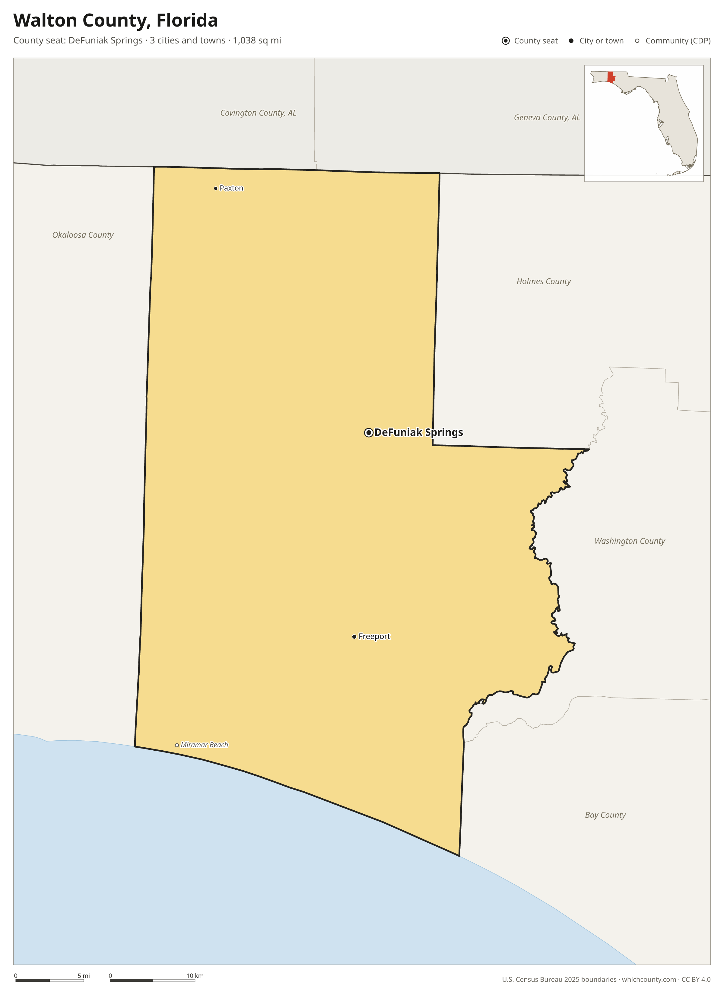 Map of Walton County, Florida with cities, towns and the county boundary