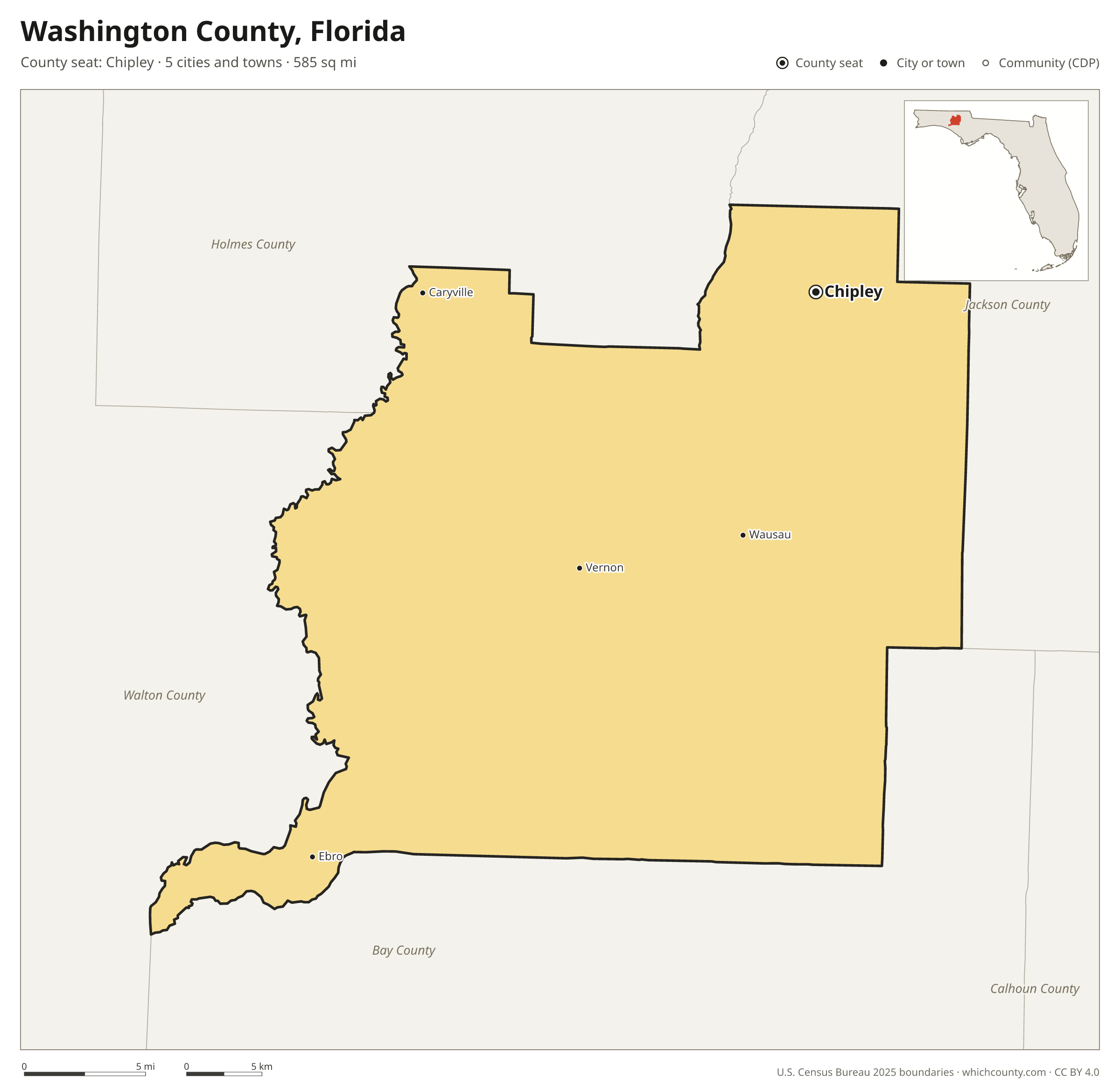 Map of Washington County, Florida with cities, towns and the county boundary