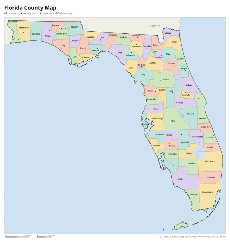 Florida county map with all 67 counties labeled