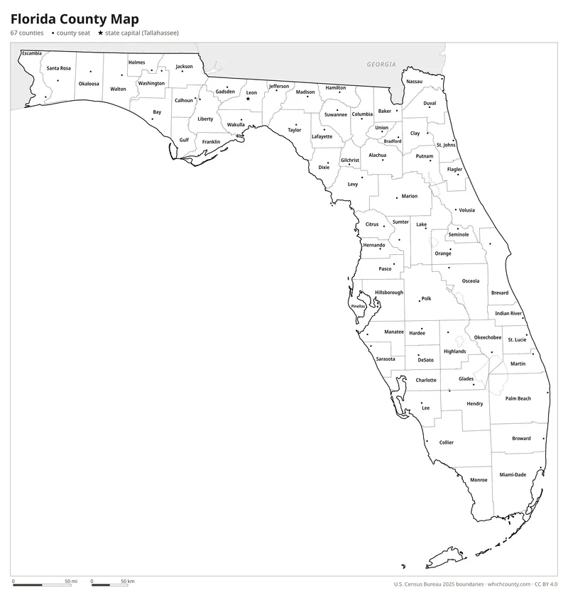 Black and white Florida county map